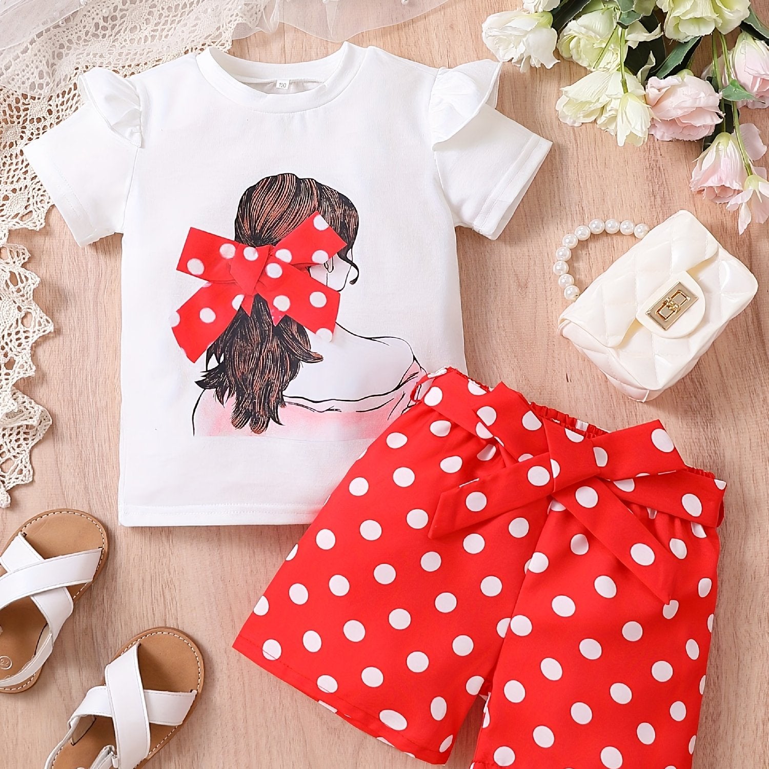 2pcs Toddler Girls Bow Figure Graphic Ruffle Trim T-Shirt