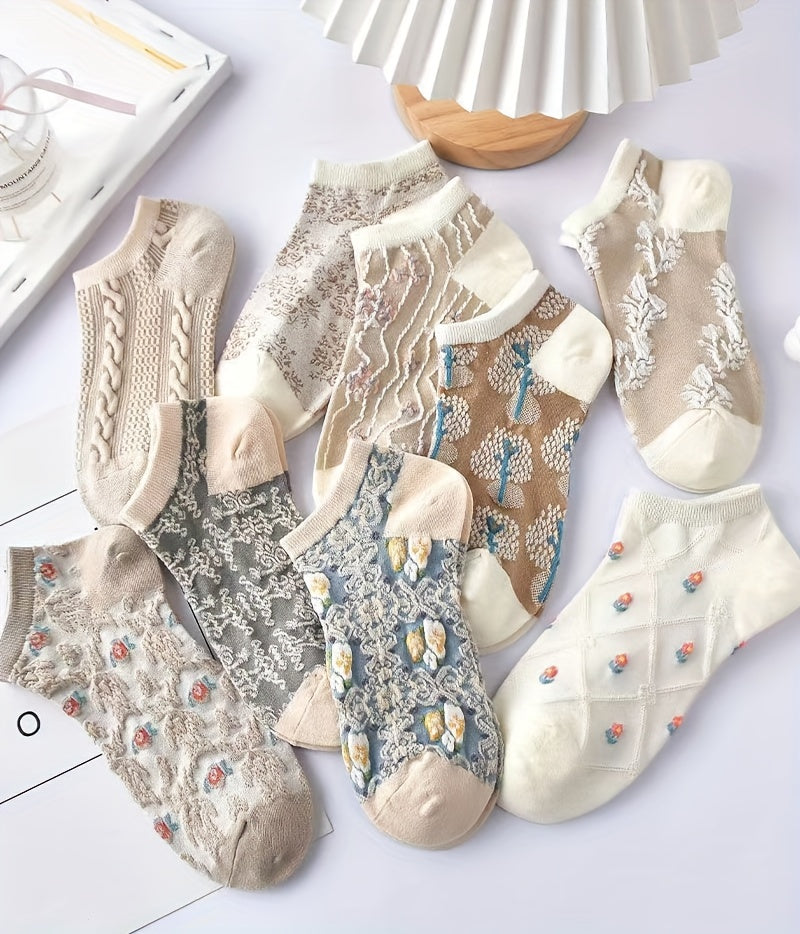 9 Pairs Vibrant Floral Print Low Cut Ankle Socks - Women's ./MH
