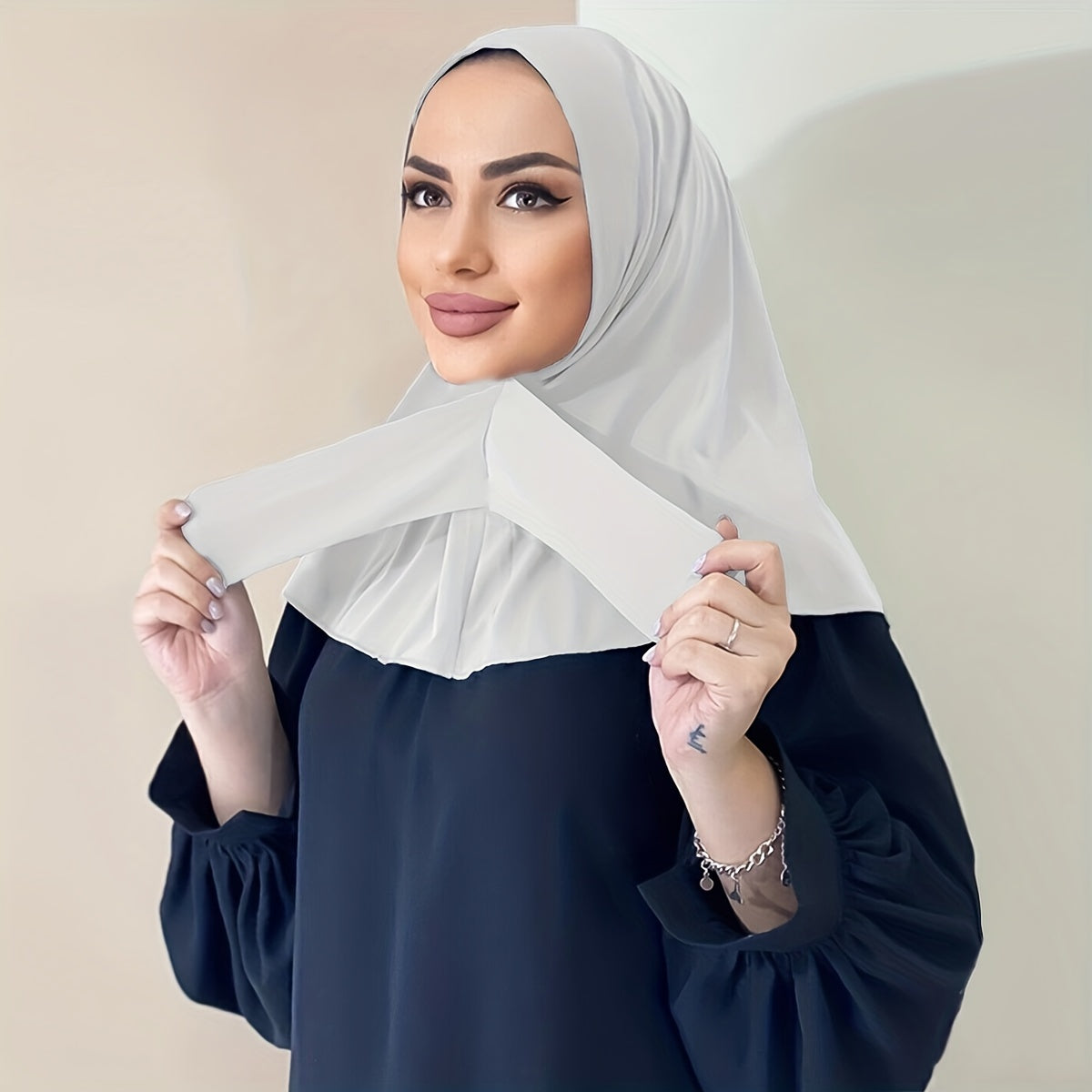 Solid Color Hijab Snap Button Adjustable Headscarf Casual Elastic '/MH