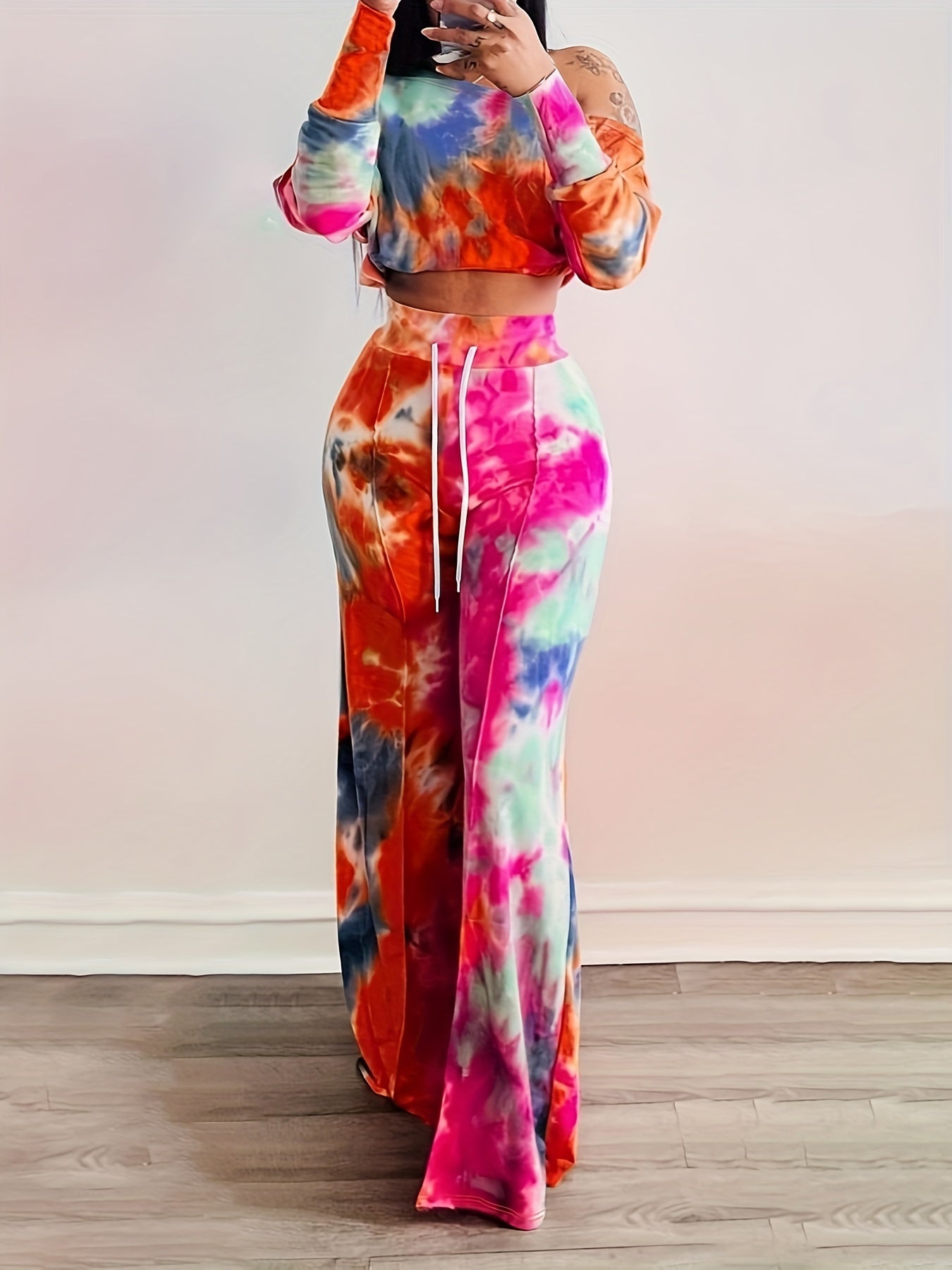 Casual Tie Dye Two-piece Set, Long Sleeve Crop Top & Drawstring Wide Leg Pants Outfits, Women's Clothing