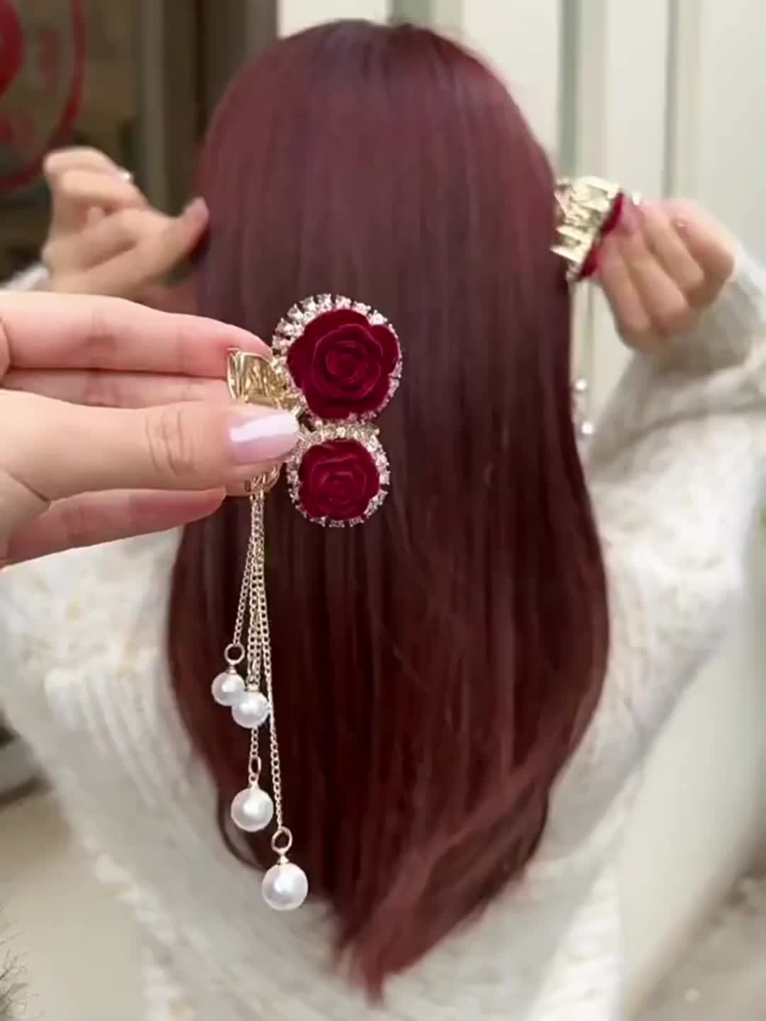 Elegant Red Rose Tassel Rhinestone Small Claw Clip,
