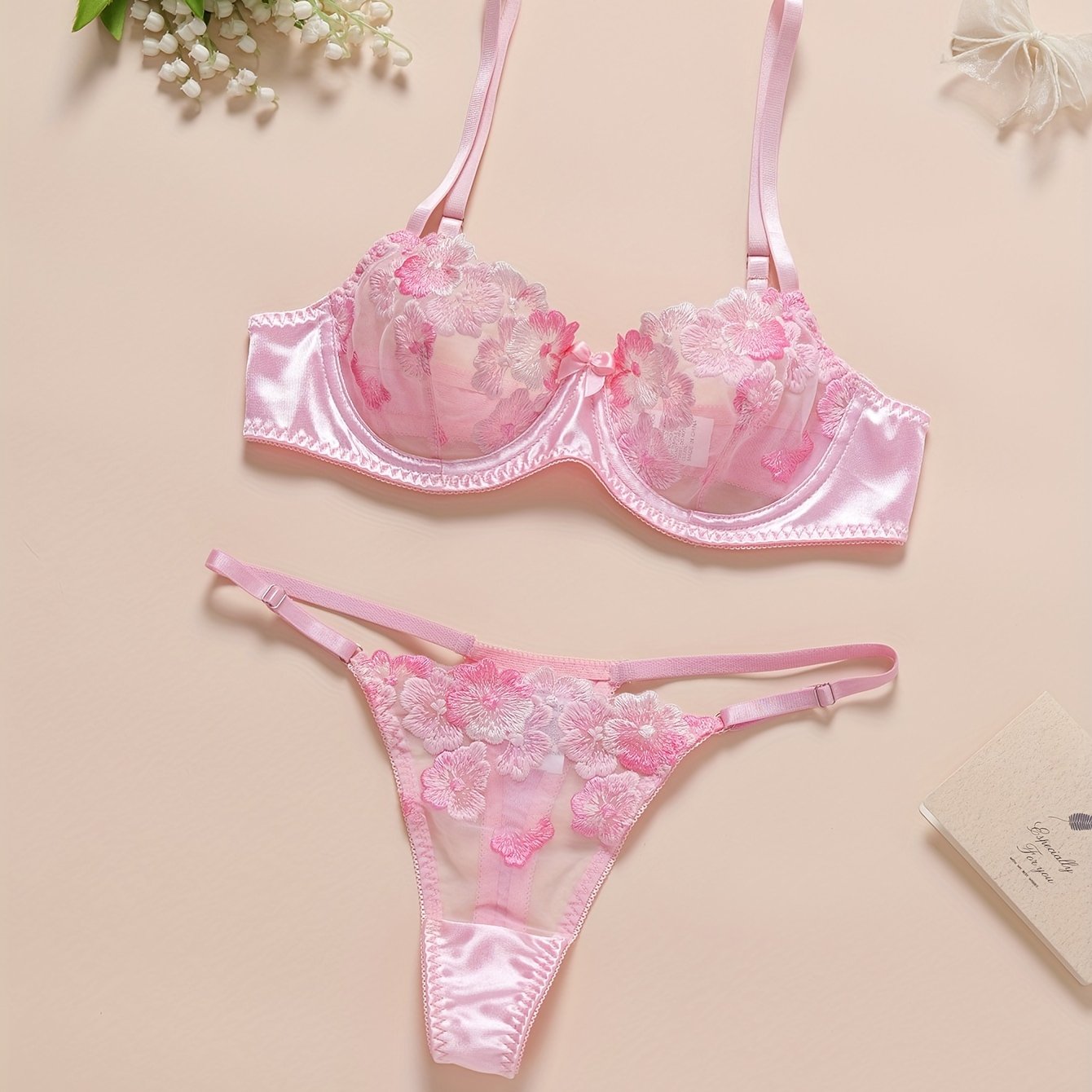 Sexy Lingerie Set, Floral Embroidery Mesh Semi Sheer Cami Bra & Panties,/ MH
