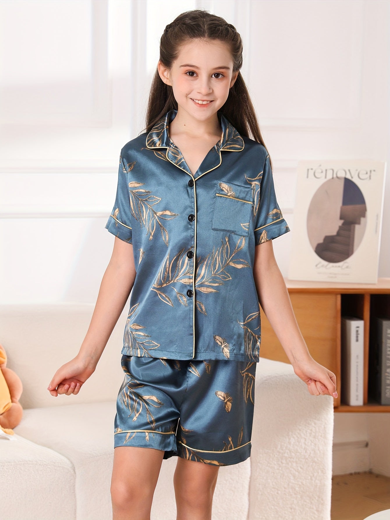 3pcs Kids Pajamas Set, Girls Ice Silk Thin Short Sleeve Shorts .