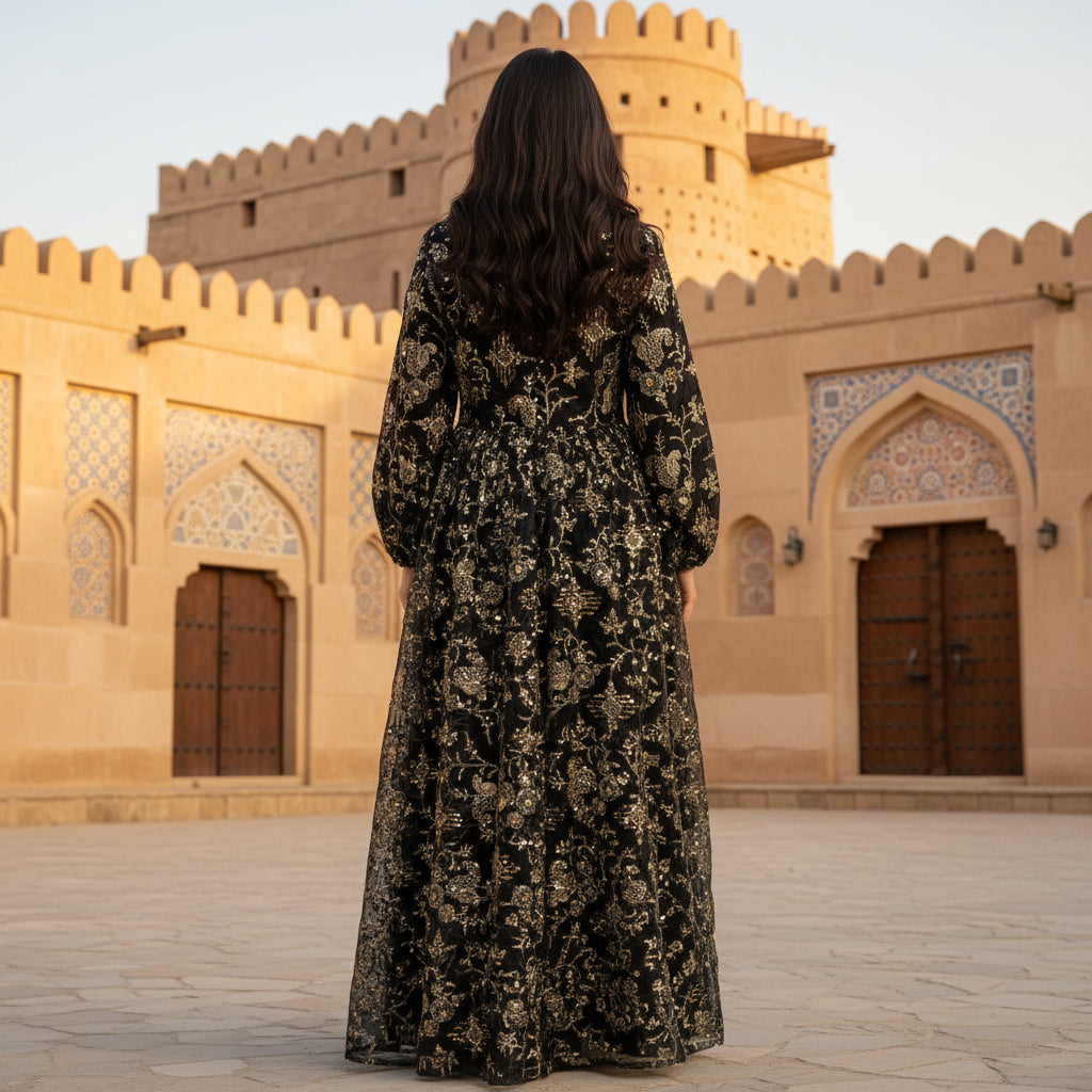 Ladies Black Arabic Kaftan Dress with Gold Embroidery & Sash Belt – Modest Fashion | 18 Years | MH