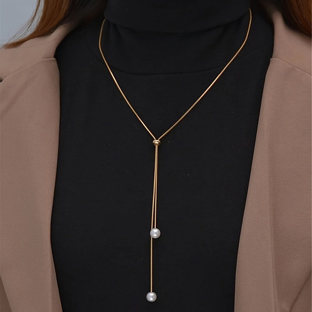 Simple Faux Pearl Pendant Adjustable Long Sweater Chain Necklace.