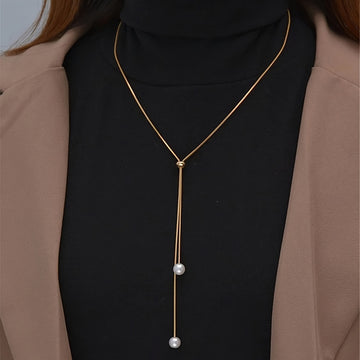 Simple Faux Pearl Pendant Adjustable Long Sweater Chain Necklace.