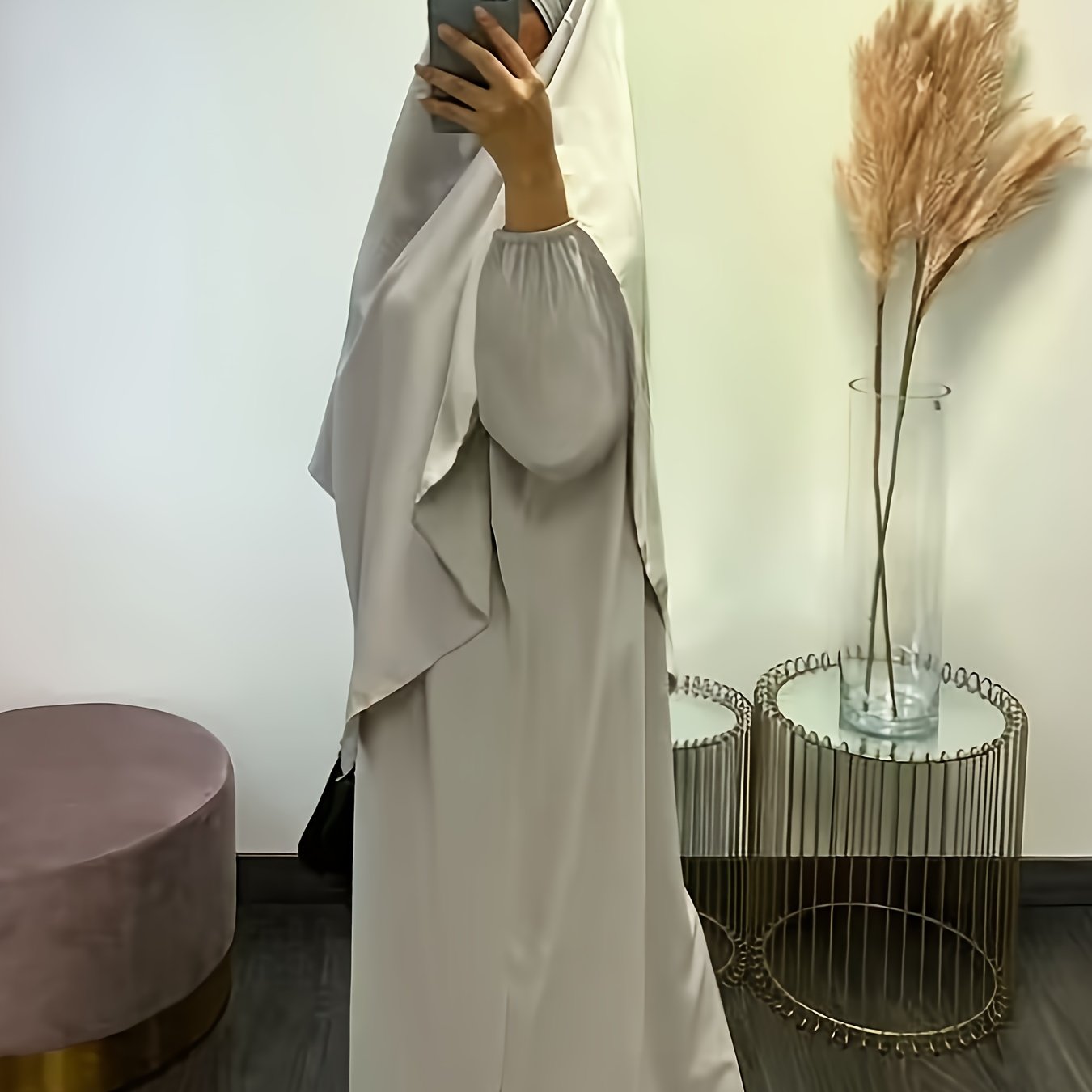 Solid Color Simple Modest Dress, Elegant Long Sleeve Maxi Dress With Hijab, /MH