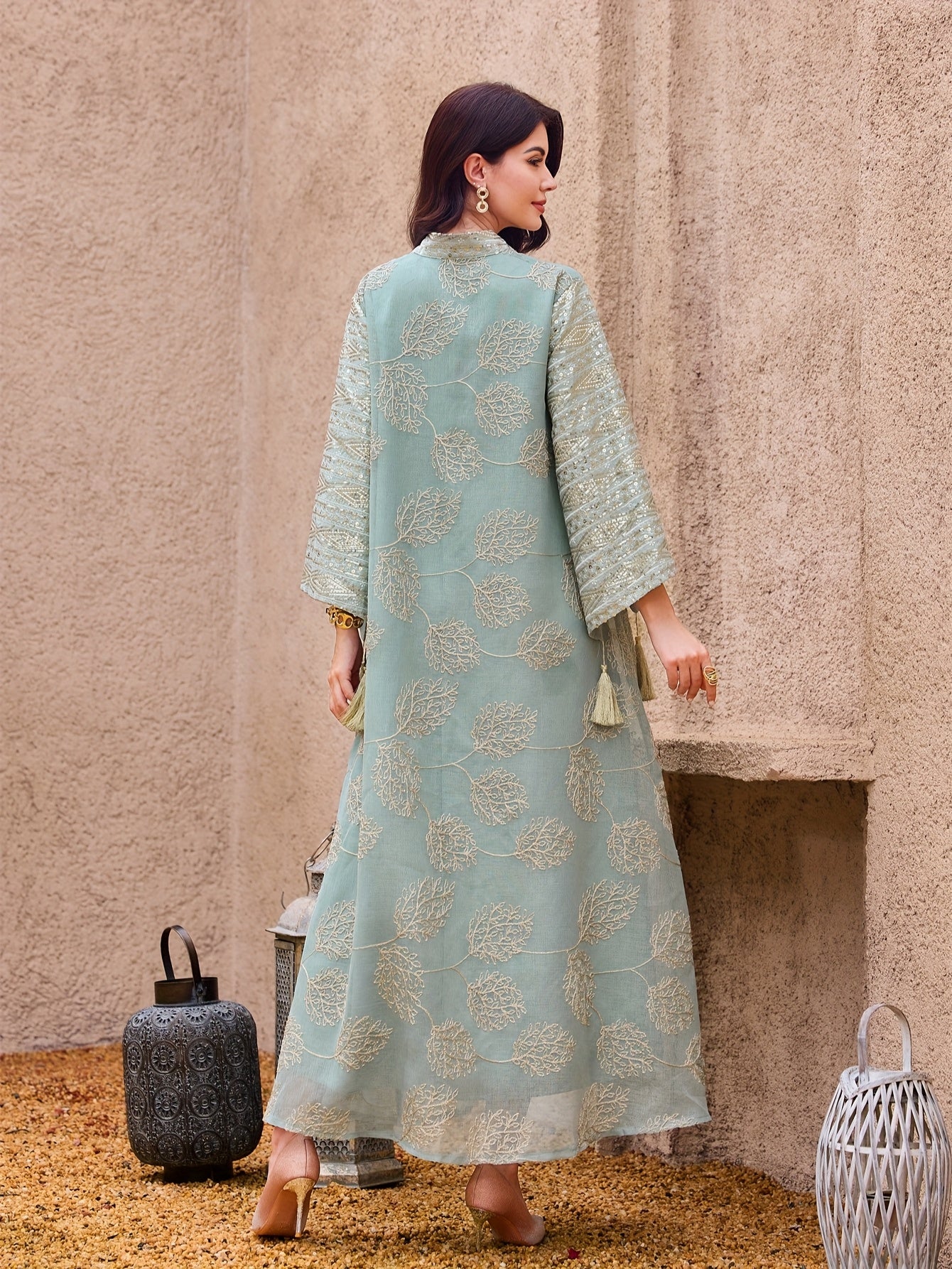 Elegant Light Blue Embroidered Kaftan Dress - V-Neck, Bell Sleeves,/MH