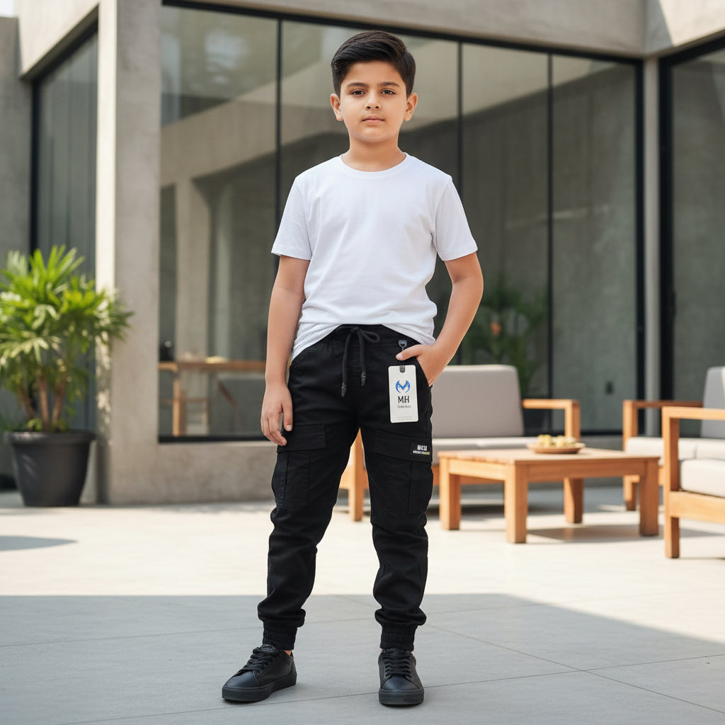 Kids Boys Black Cargo Pants 1-8 Years - Casual Jogger Style Cargo Trousers with Multiple Pockets | MH