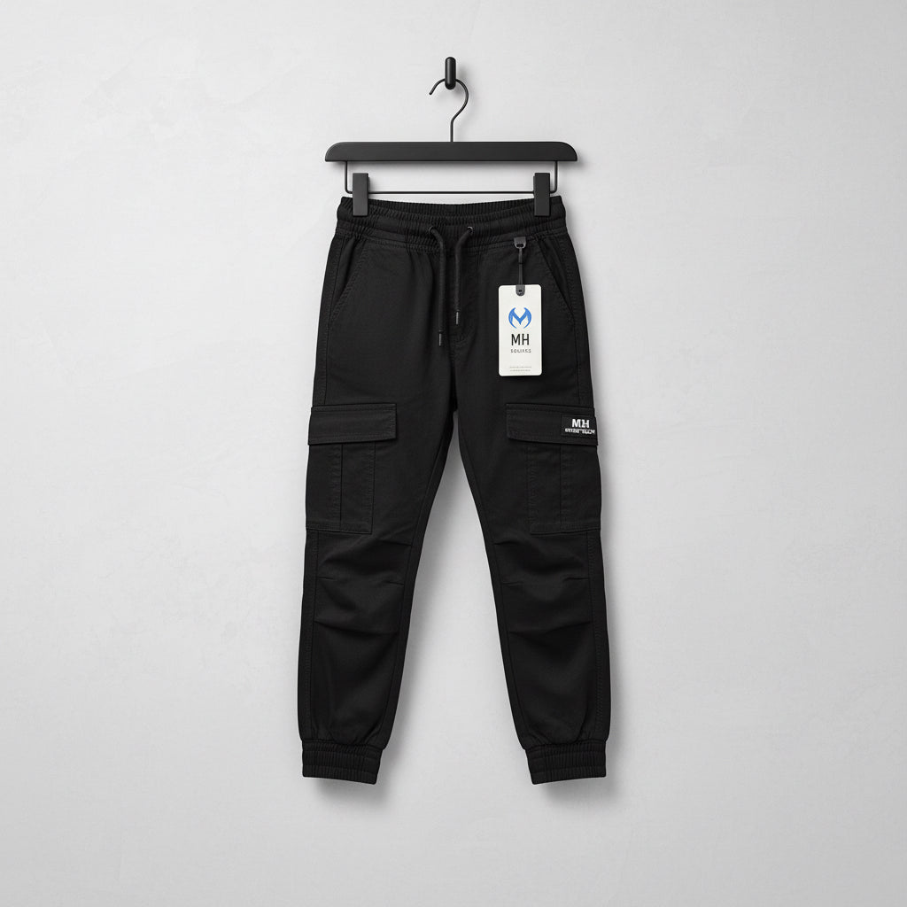 Kids Boys Black Cargo Pants 1-8 Years - Casual Jogger Style Cargo Trousers with Multiple Pockets | MH