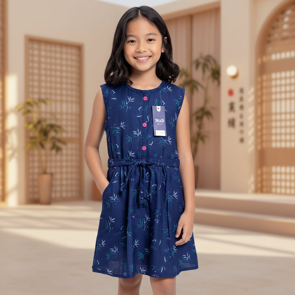 Girls Navy Blue Bamboo Print Sleeveless Dress with Belt | MH Kids Summer Casual Dress Age(2-12Years)