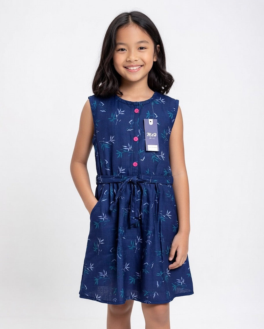 Girls Navy Blue Bamboo Print Sleeveless Dress with Belt | MH Kids Summer Casual Dress Age(2-12Years)