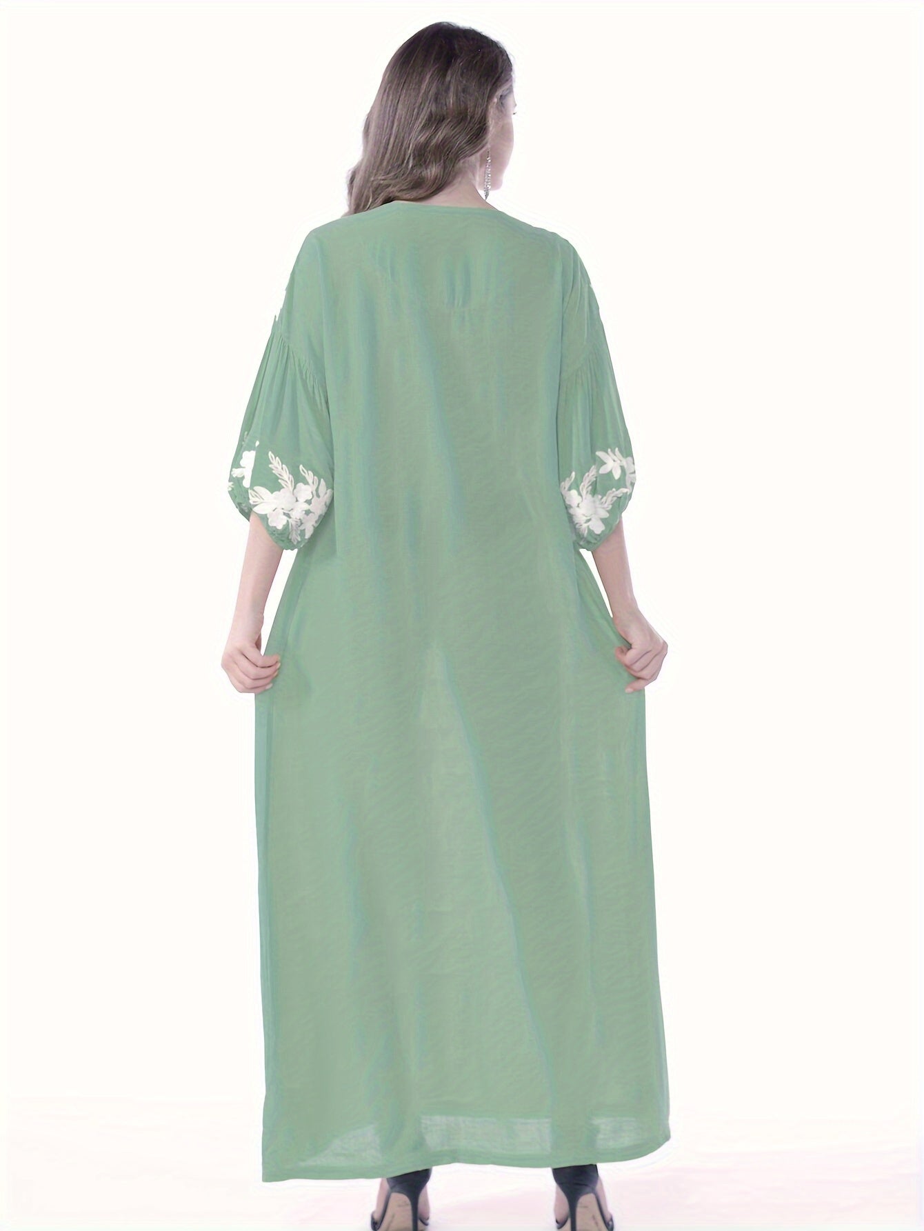 Themed Green Dress with White Floral Embroidery - ./MH