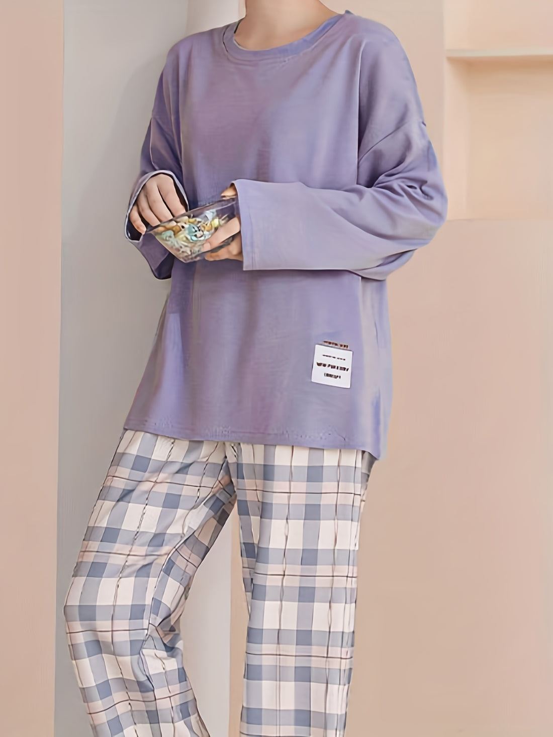 Plaid Print Crew Neck Pajamas Set,