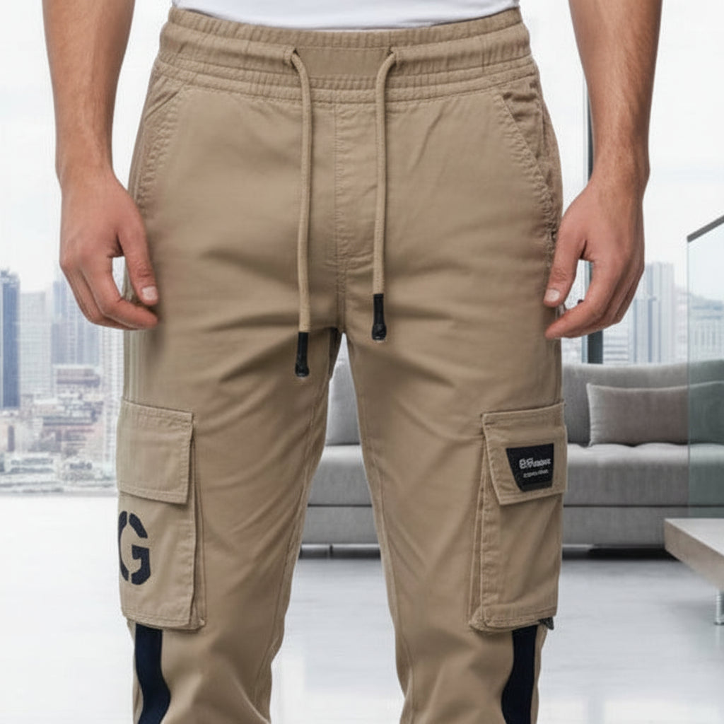 Young Men’s Khaki Cargo Joggers 17-24 Years | Stylish Multiple Pockets Jogger Pants with “G” Patch | MH