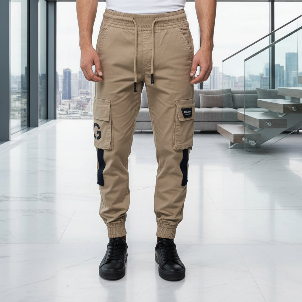 Young Men’s Khaki Cargo Joggers 17-24 Years | Stylish Multiple Pockets Jogger Pants with “G” Patch | MH