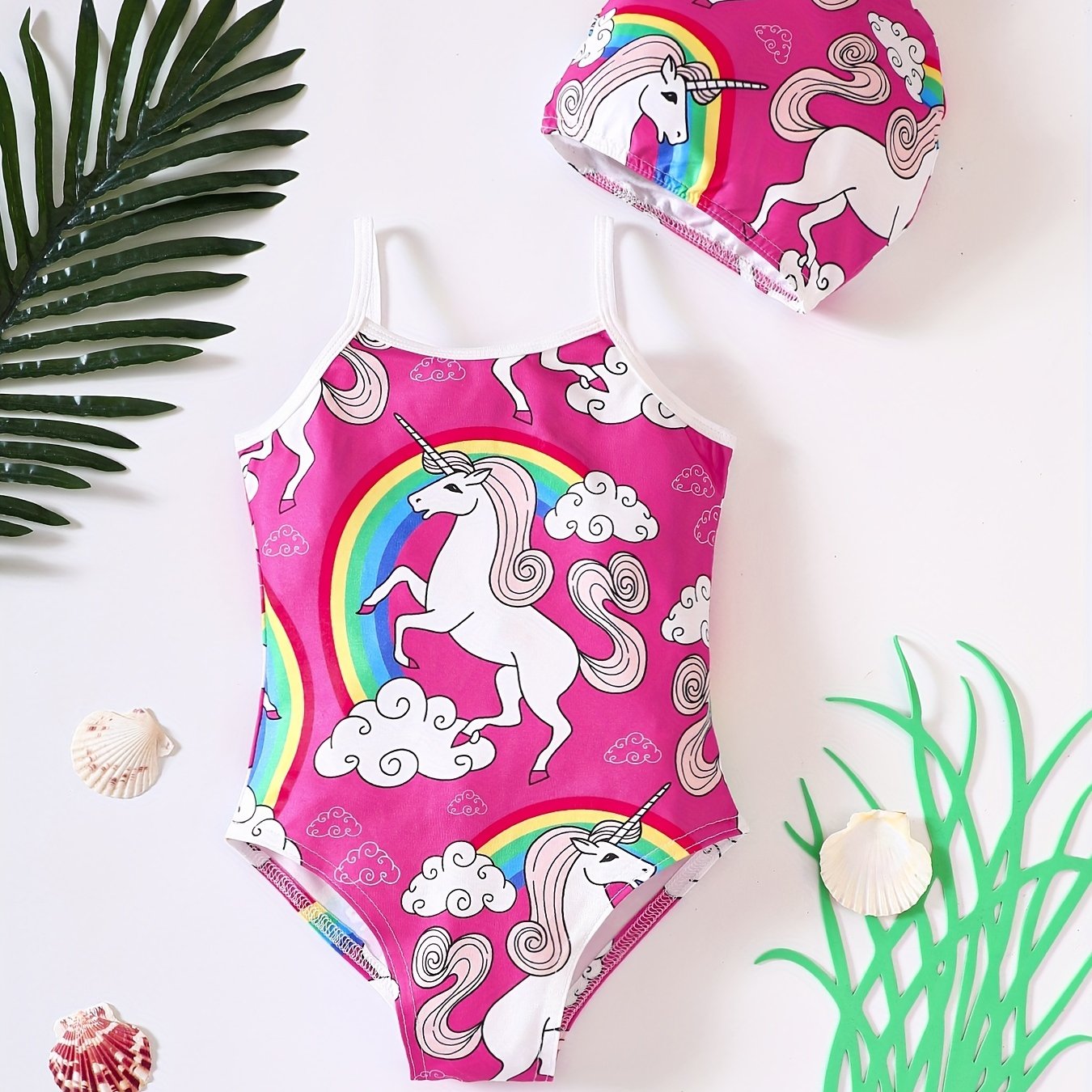 2 Pcs Girl's Onesie Swimsuit & Swimming Cap,