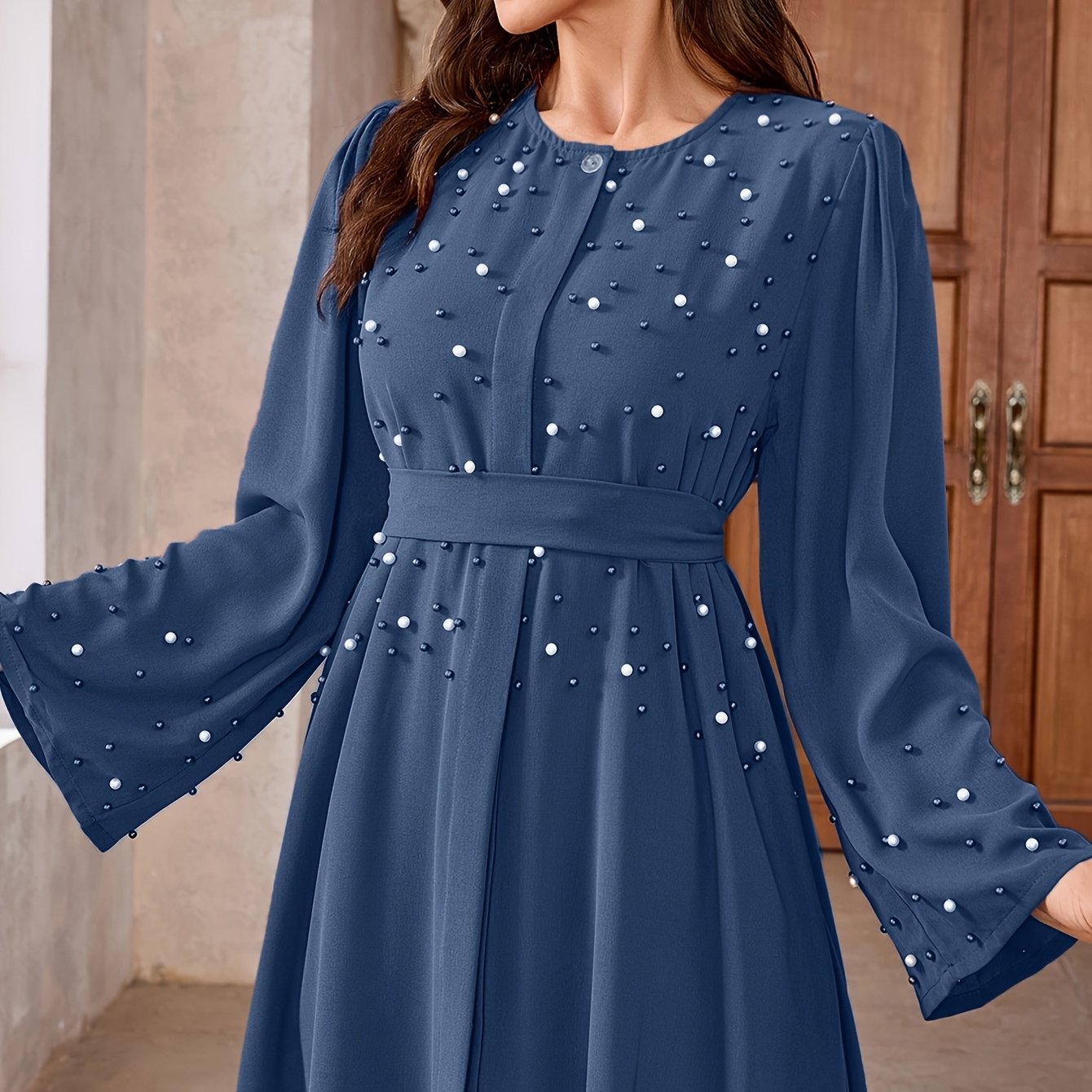 Elegant Pearl Embellished Burgundy Abaya./MH
