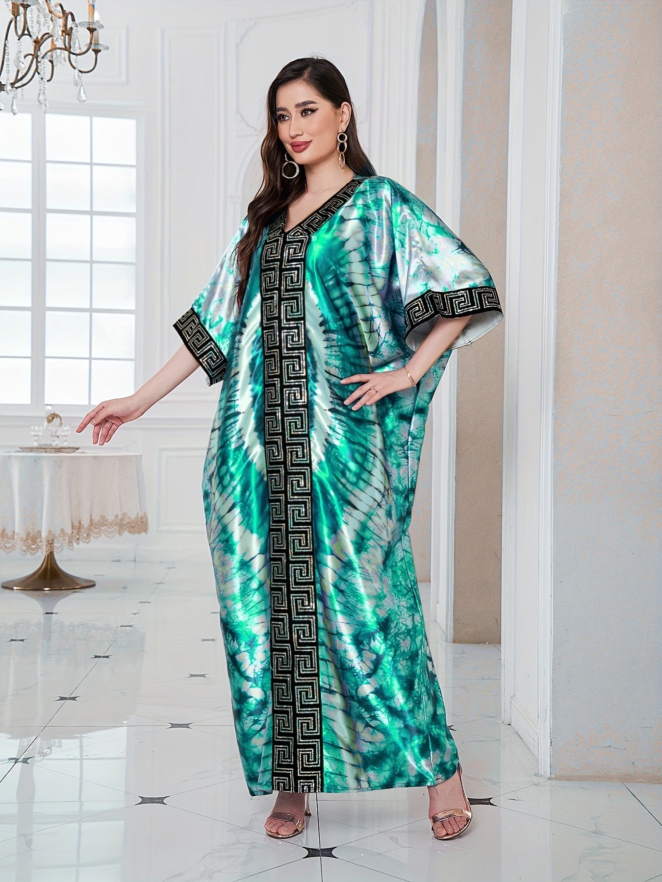 Abstract Print Greek Pattern Kaftan Dress, Elegant Half Sleeve'/MH