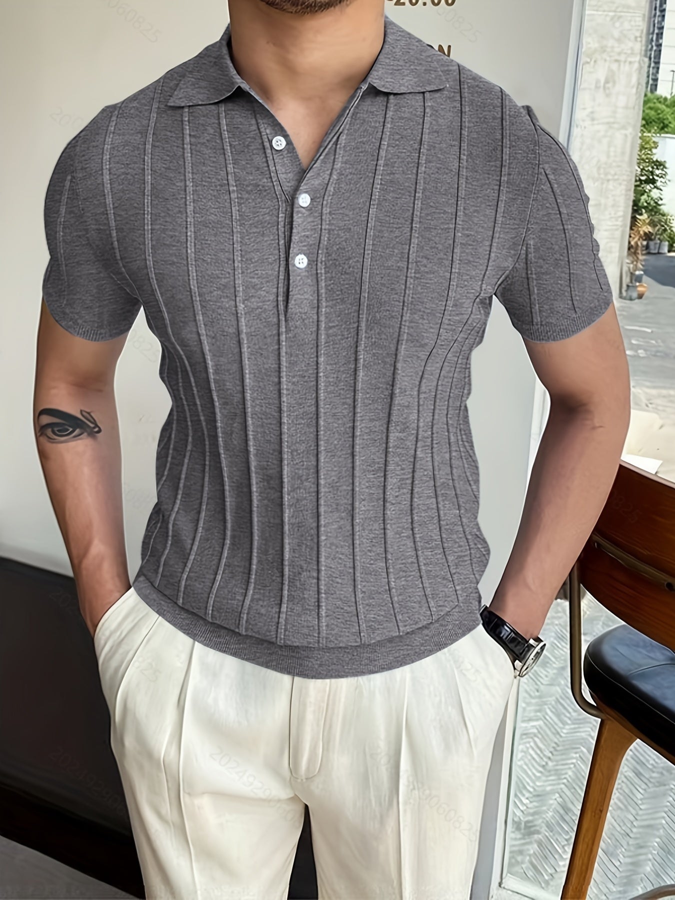 Vertical Striped Chic Shirt, Men's Casual Solid Color High Stretch .