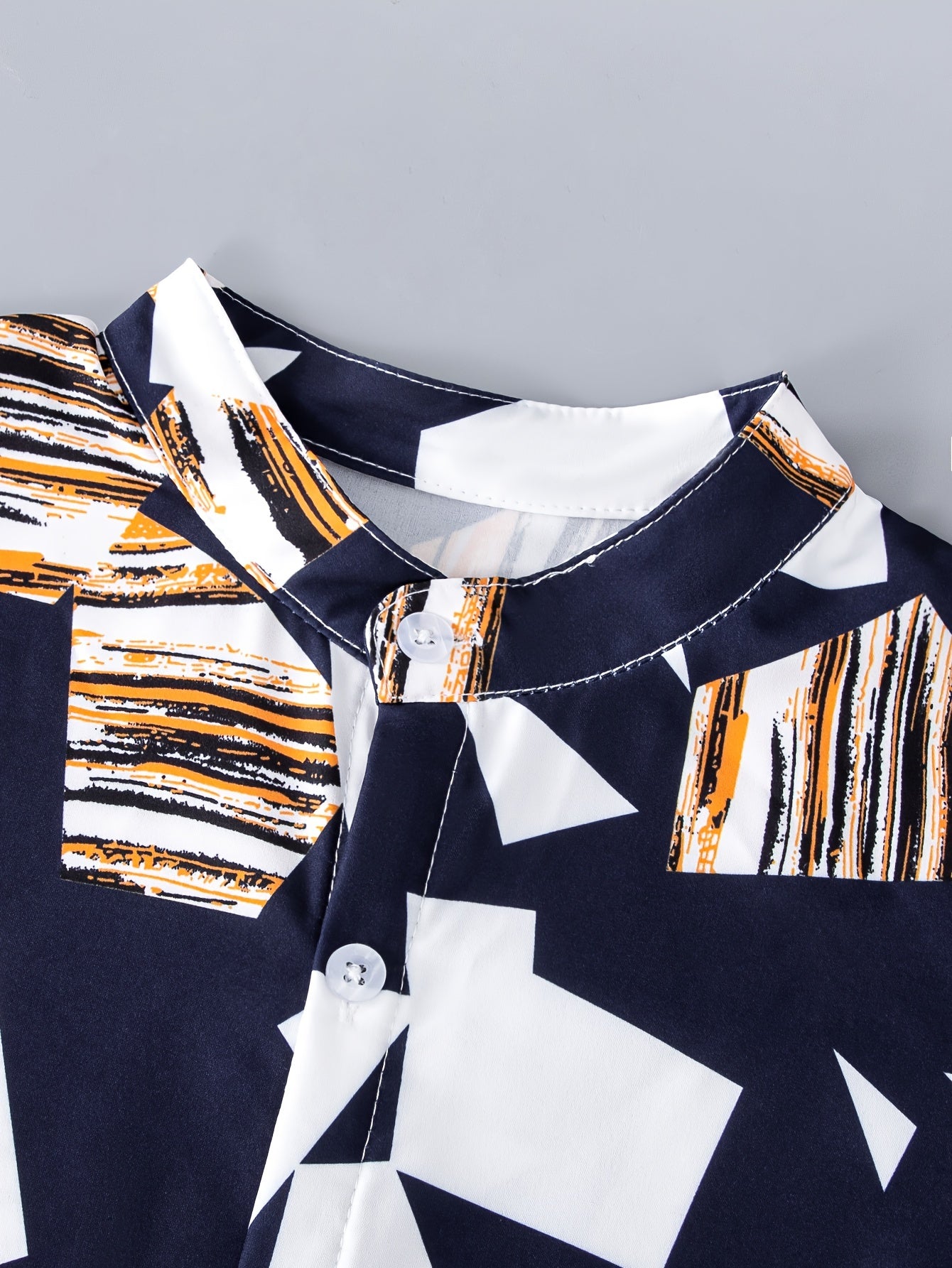Boy's Creative Geo Color Block Stand Collar Button Down Shirt,