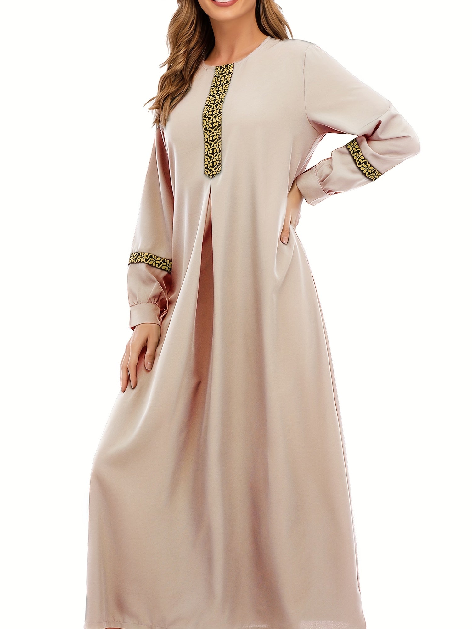 Contrast Trim Kaftan, Elegant Long Sleeve Maxi Length Dress, /MH