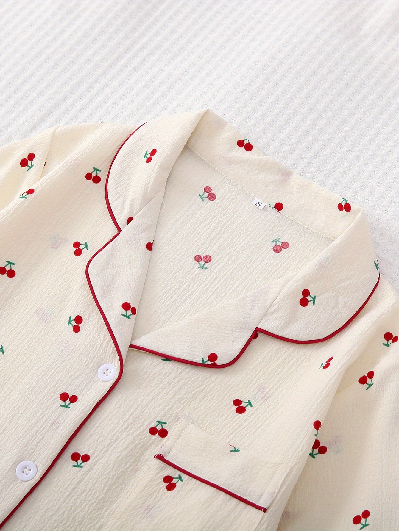 Cherry Print Pajama Set, Sweet & Cute Lapel Buttons Top And Bow Shorts, Women's Sleepwear & Loungewear