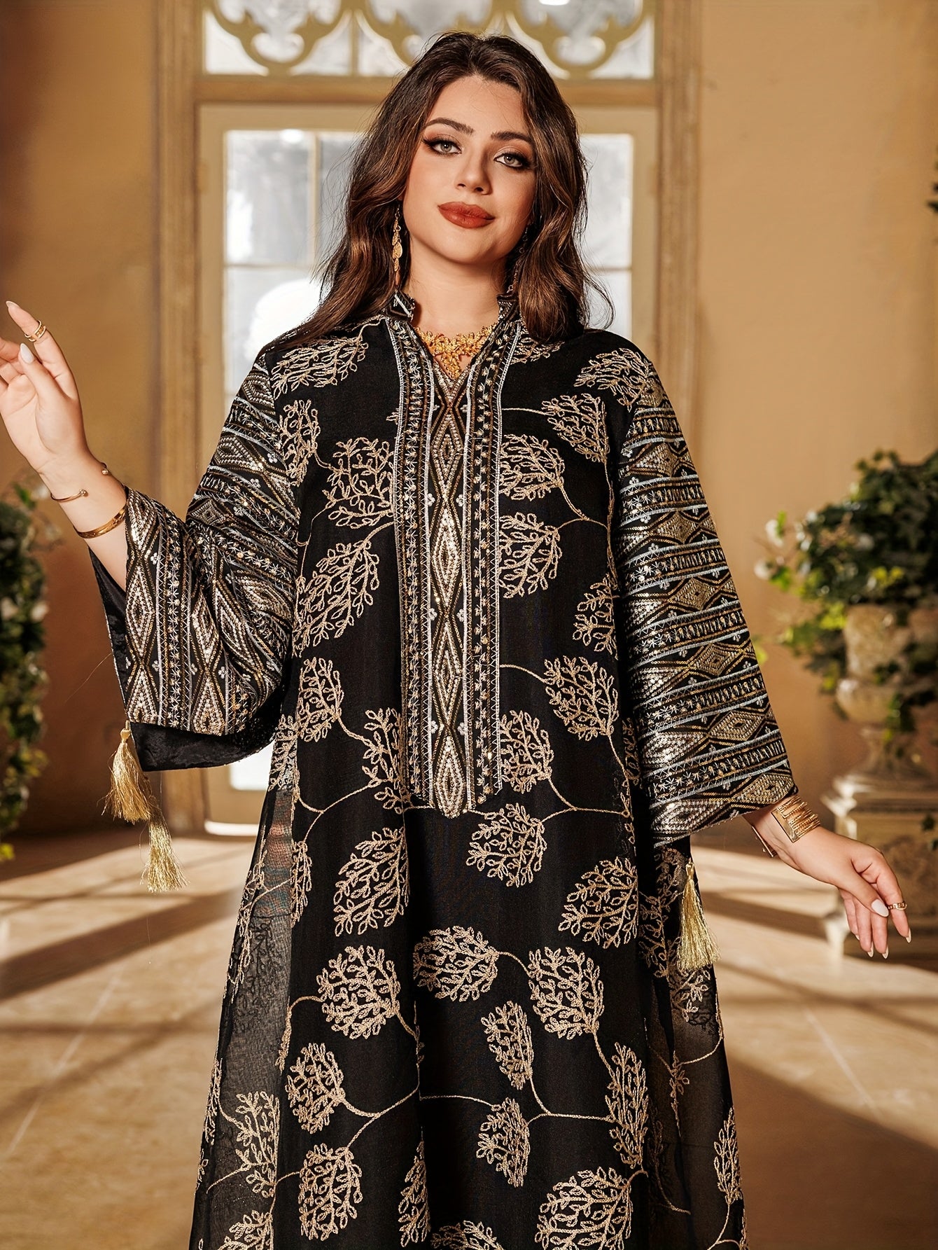 Elegant Black & Golden Decorated Kaftan for Women - ./MH