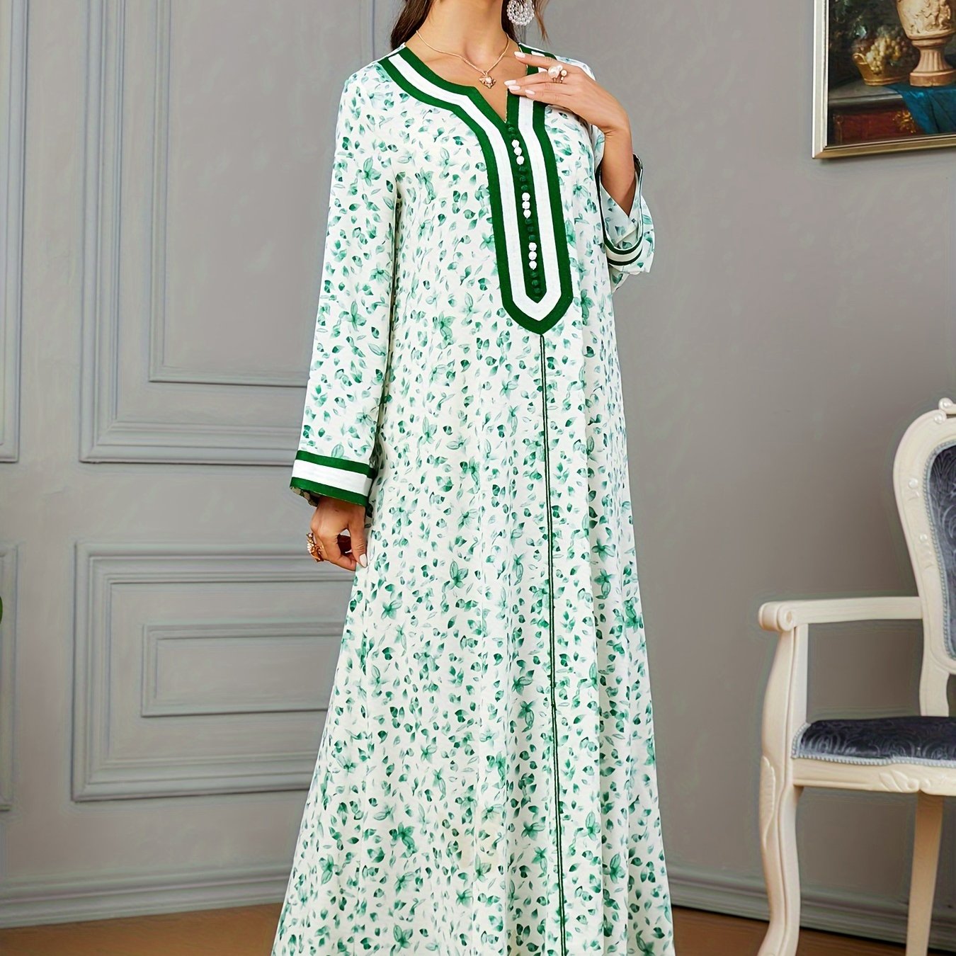 Floral Print Notch Neck Kaftan, Elegant Long Sleeve Maxi women fashion ;/MH