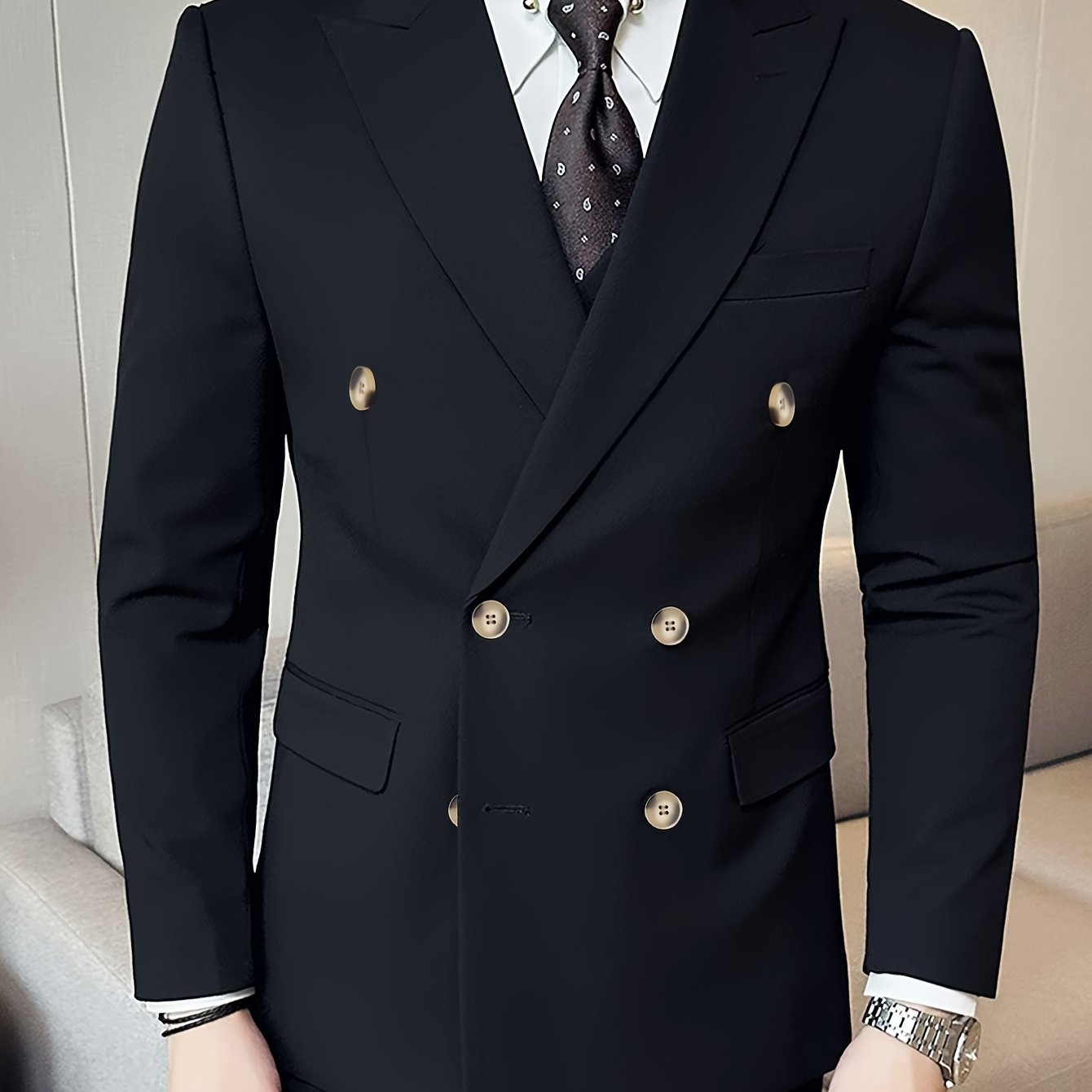 Men's Solid Color Double-Breasted Blazer, Fashion Tailored Fit Suit .