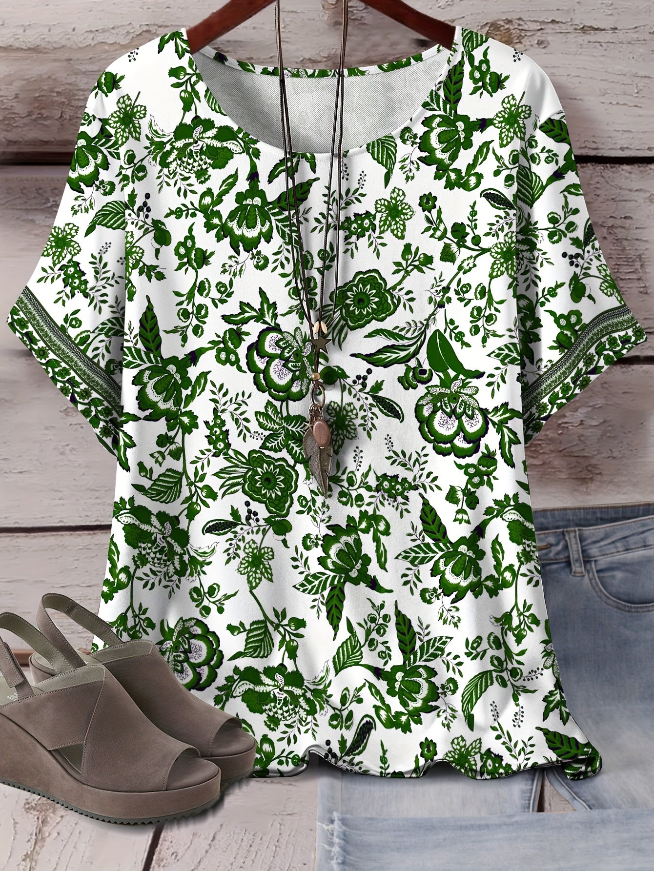 Women's Plus Size Casual Short Sleeve T-Shirt - White with Green .