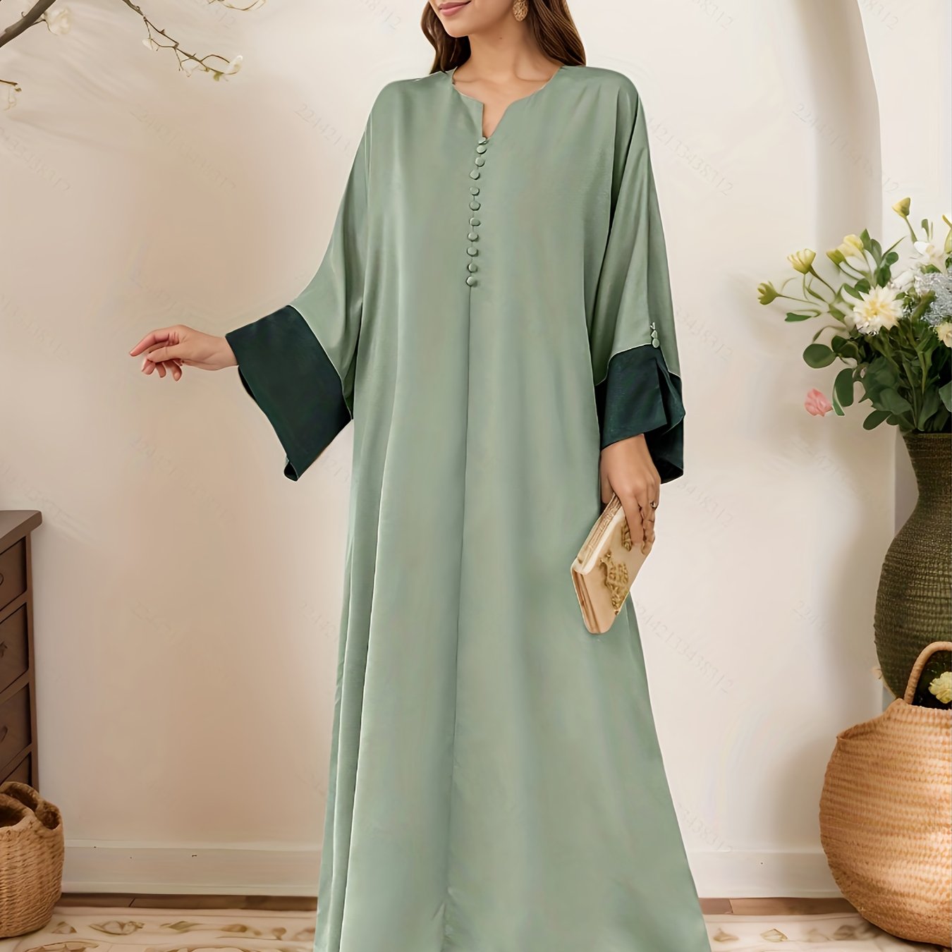 Abaya - Elegant Islamic Dress with V-Neck Button Front, /MH
