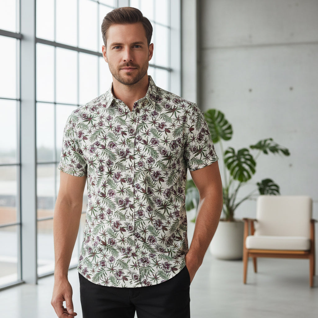 Men's Tropical Leaf Print Short-Sleeve Shirt | Premium Resort Cotton (Sizes S-XXL) | MH