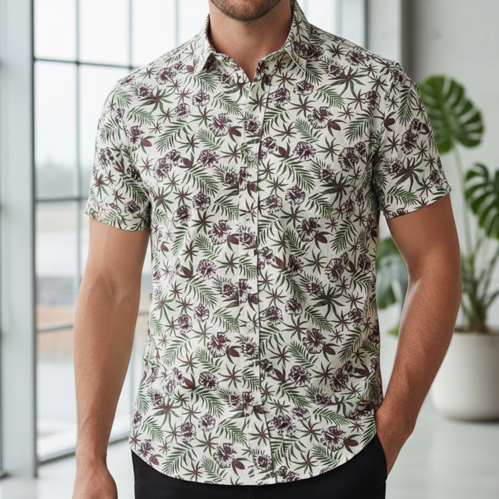 Men's Tropical Leaf Print Short-Sleeve Shirt | Premium Resort Cotton (Sizes S-XXL) | MH