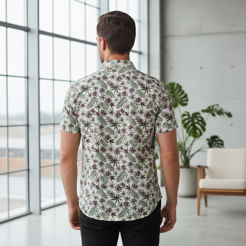 Men's Tropical Leaf Print Short-Sleeve Shirt | Premium Resort Cotton (Sizes S-XXL) | MH