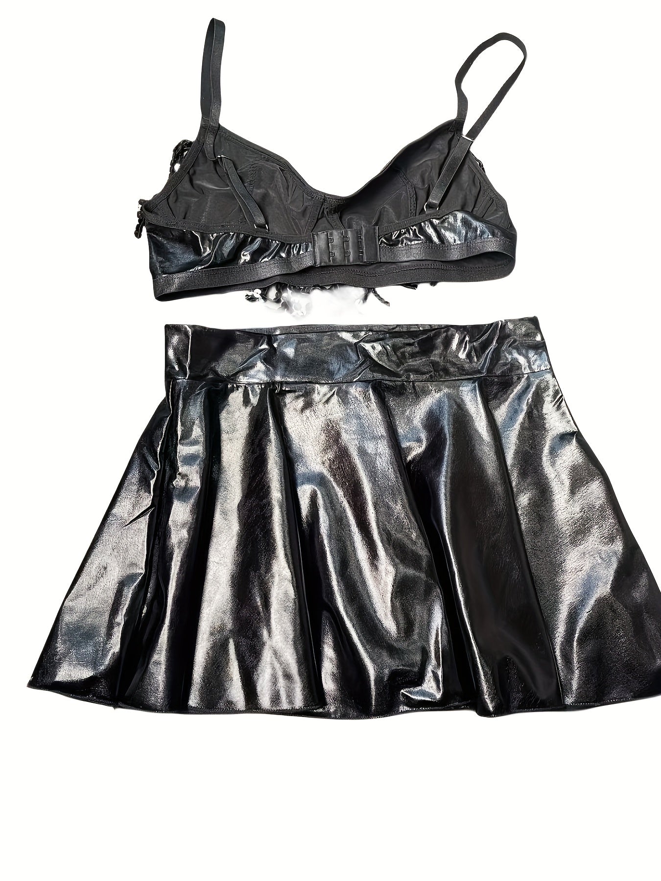 Solid PU Lingerie Set, Sequin Tassel Bra & Skirt & Thong, /MH