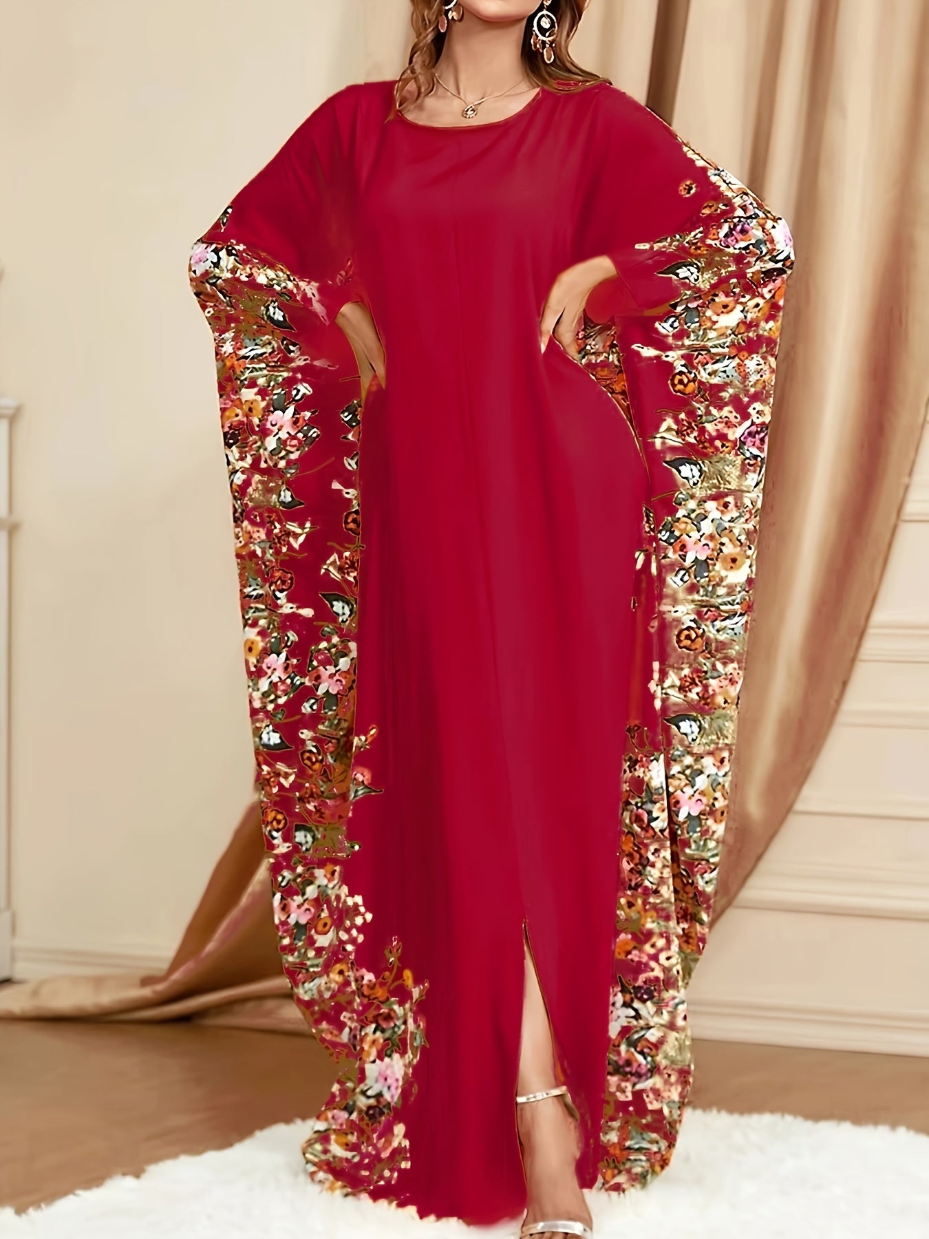Floral Print Crew Neck Kaftan, Elegant Batwing Sleeve'/MH