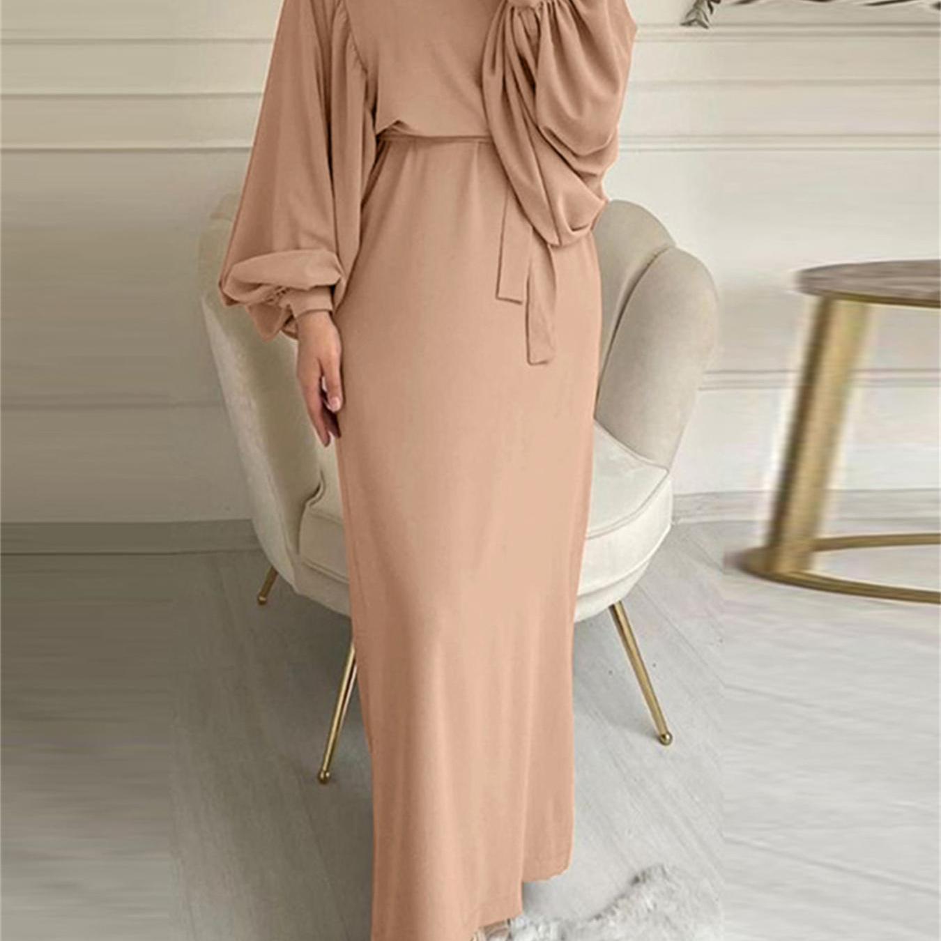 Lantern Sleeve Tie Waist Abaya, Elegant Crew Neck Dress, Women's Clothing./MH