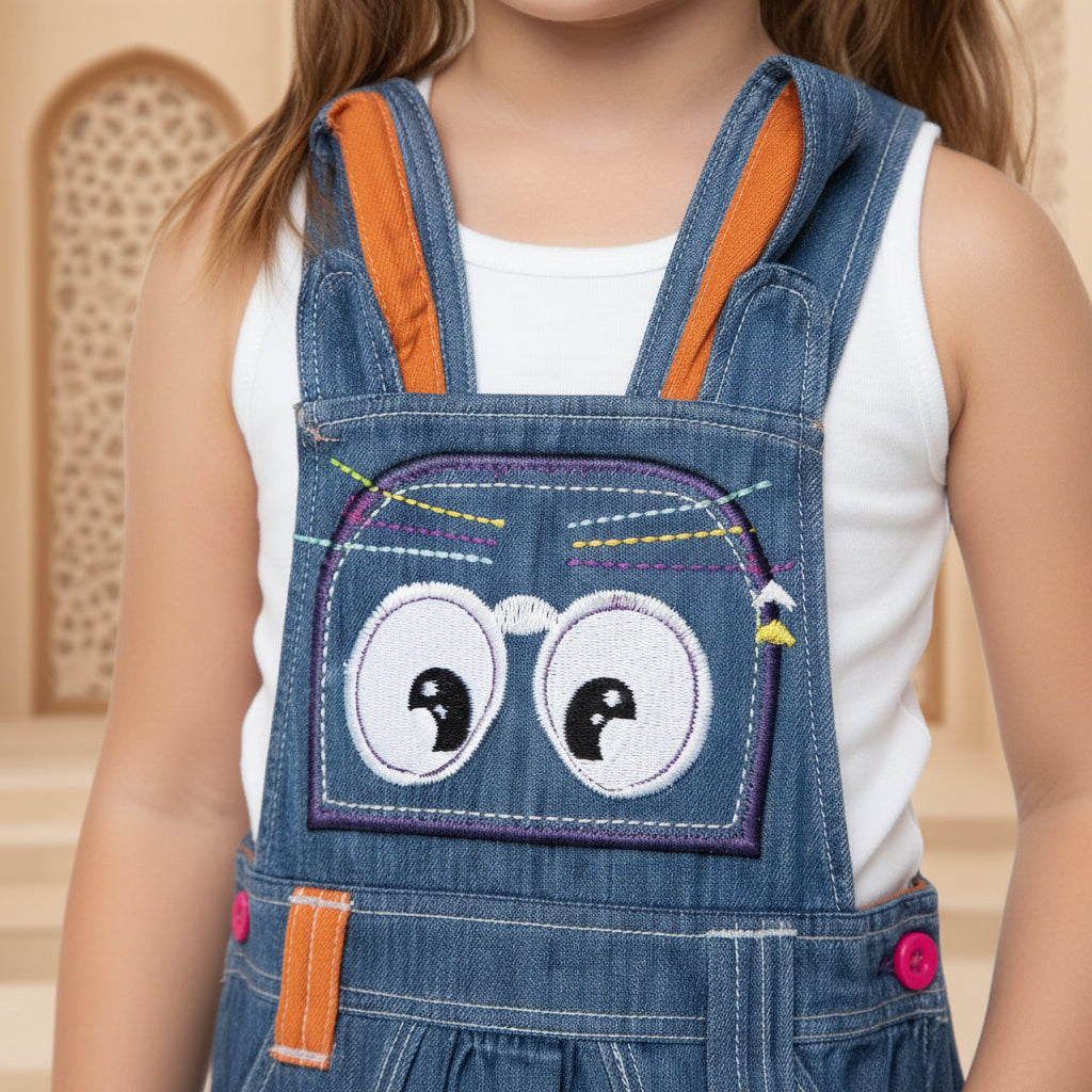 Girls' Embroidered Denim Pinafore Dress – Character Overall Pinafore with Cross-Back Straps (6-36 Months) | MH