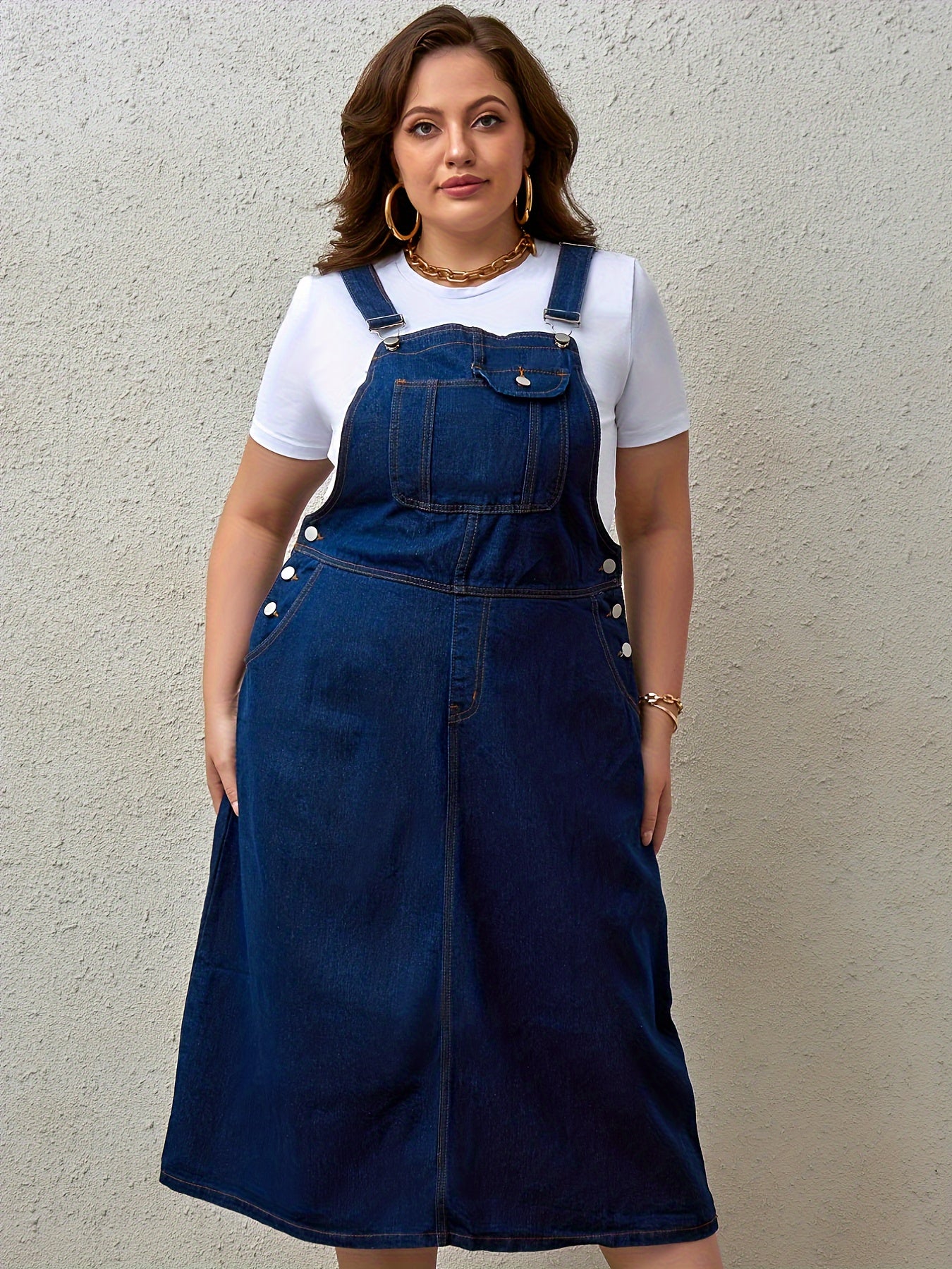 Plus-size denim dress with one-piece straps