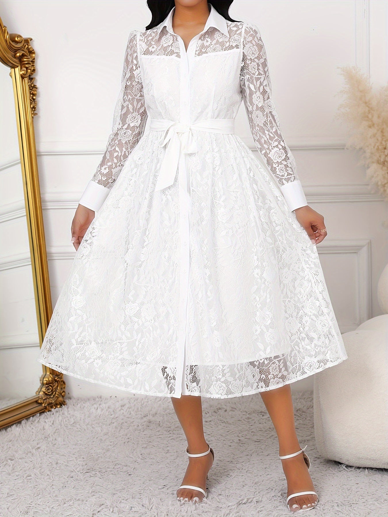 Contrast Lace Belted Button Front Shirt Dress, /MH