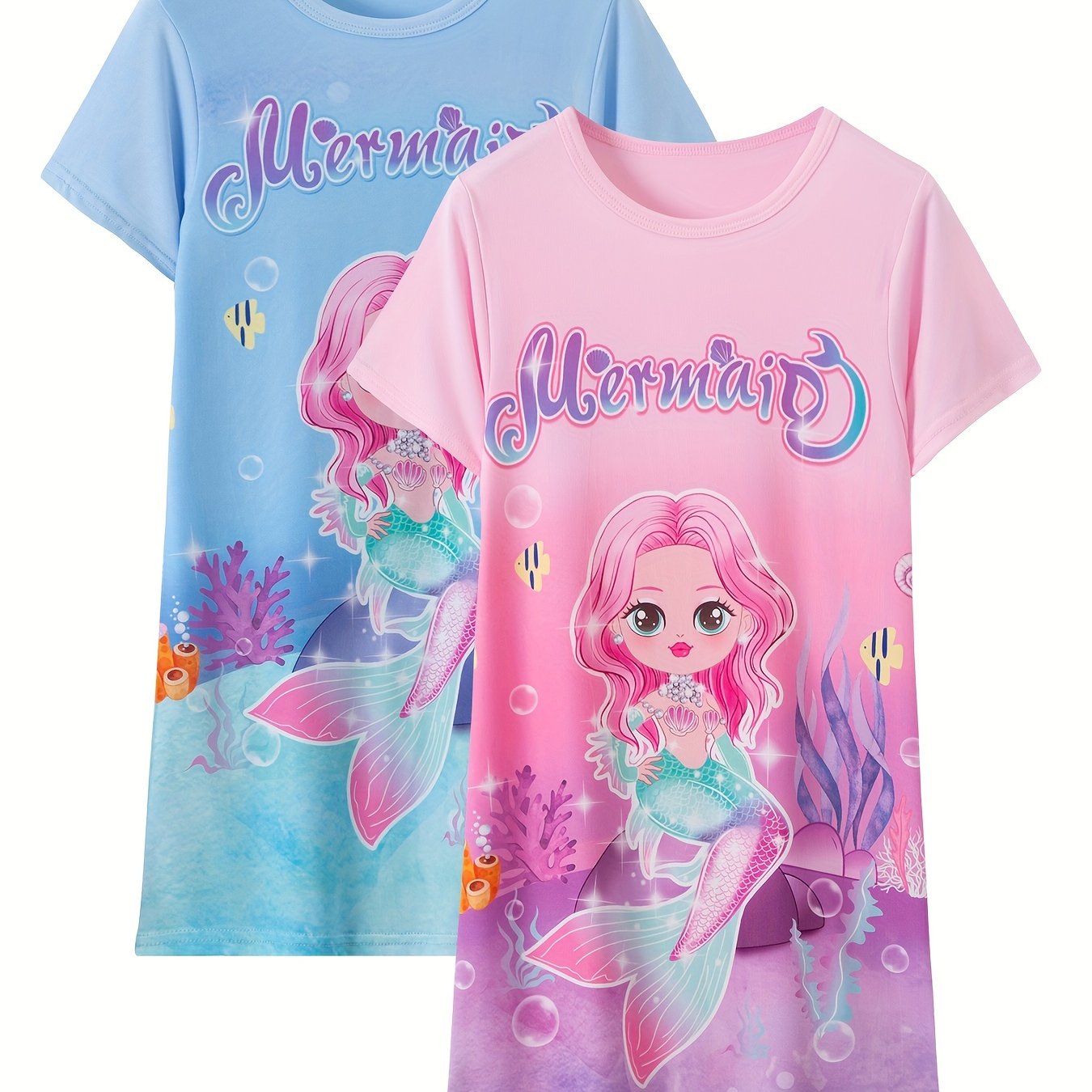 2pcs Girls Summer Cartoon Mermaid Pattern Short Sleeve.