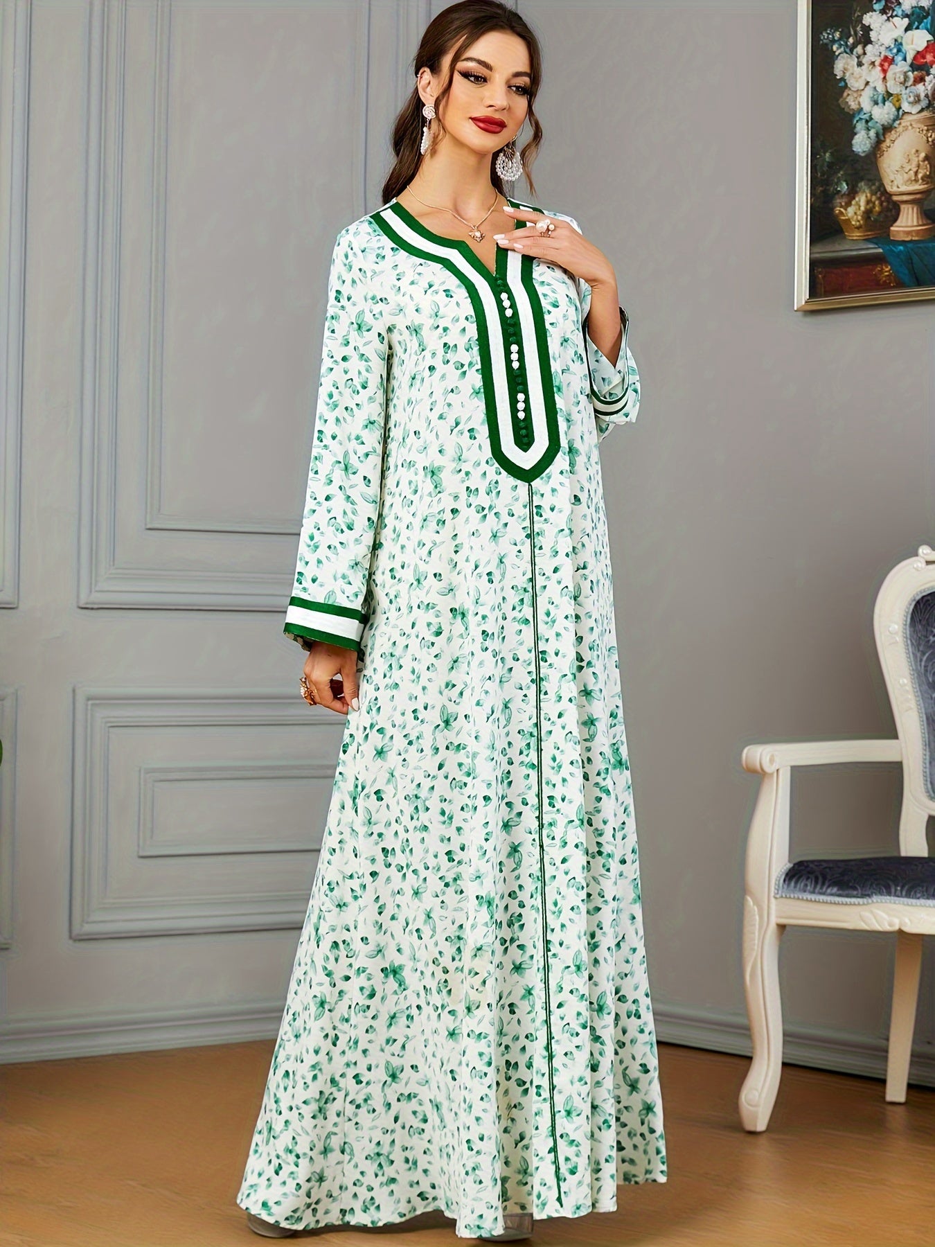 Floral Print Notch Neck Kaftan, Elegant Long Sleeve Maxi women fashion ;/MH