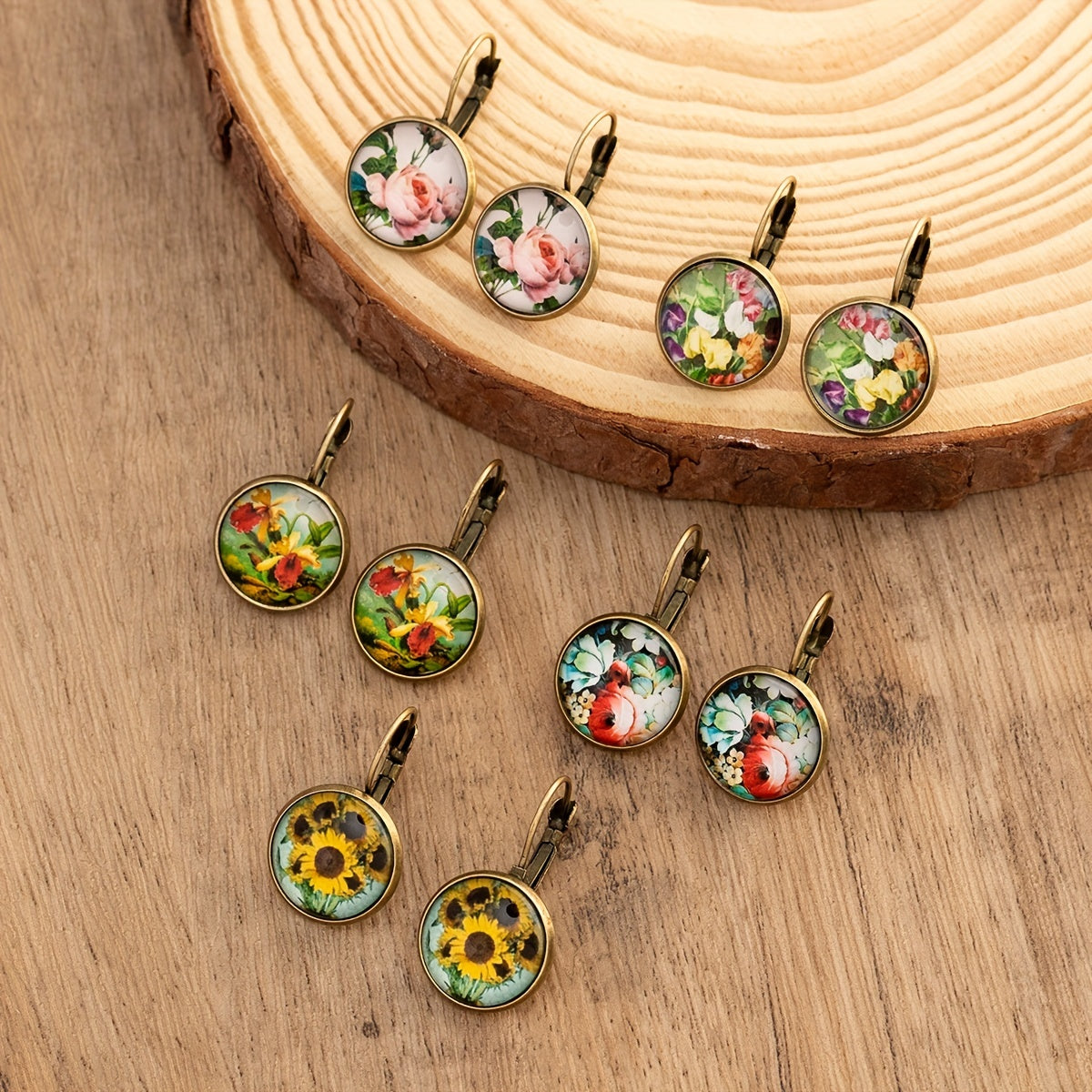 Rose Sunflower Print Retro Round Earrings Copper Jewelry Female Trendy Gift Daily Wear Accessories