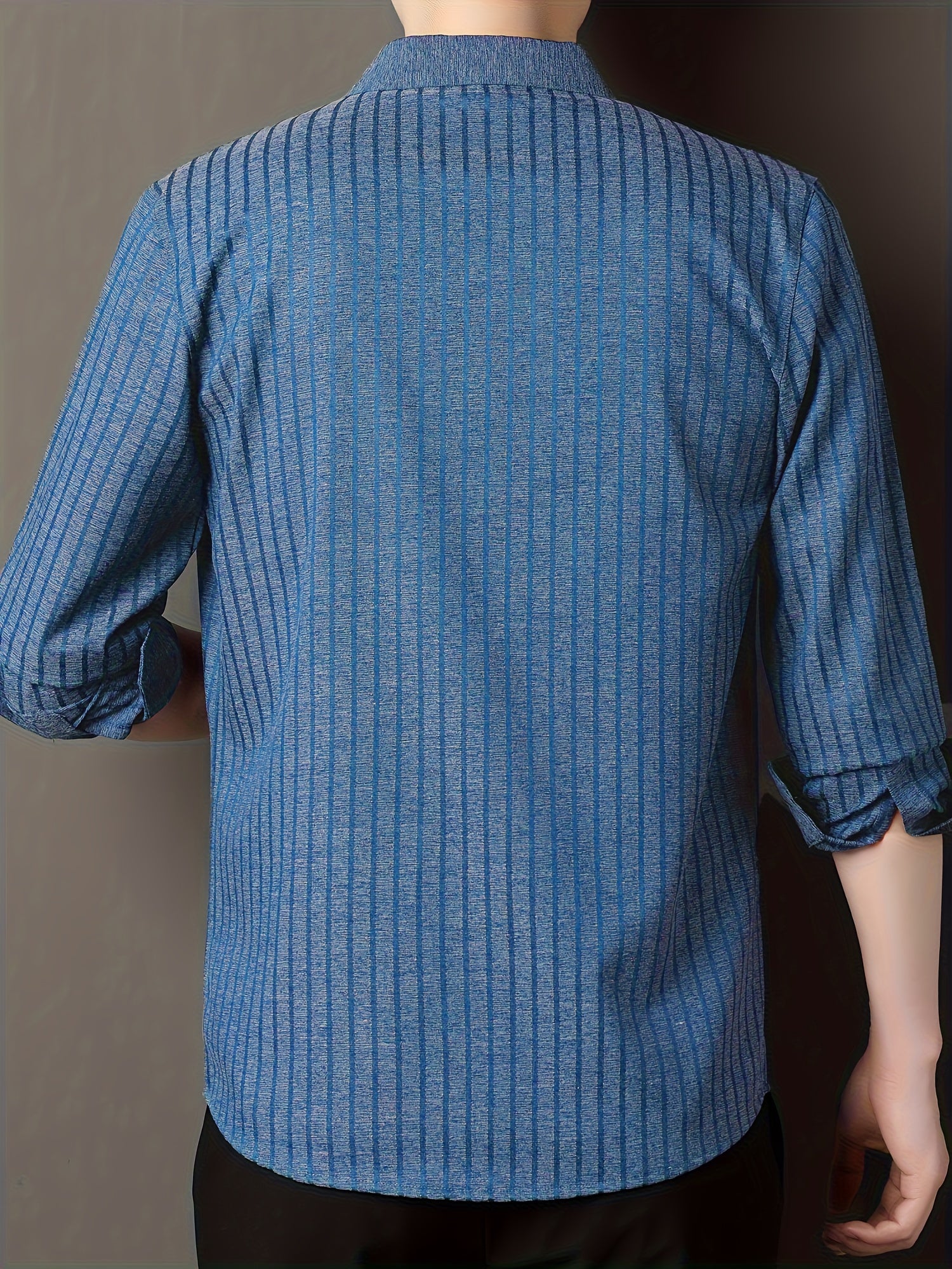 Men's Striped Lapel Collar Design Dress Shirts, Long Sleeve.