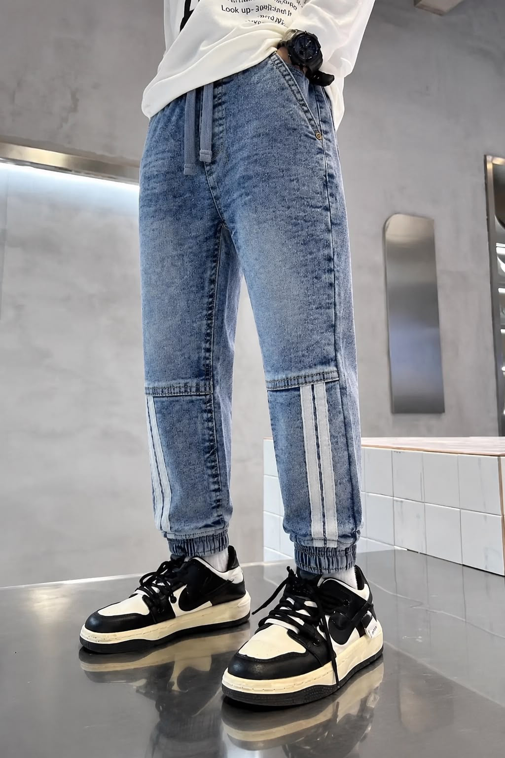 Kids' White Knee Side Stripes Denim Jogger Jeans