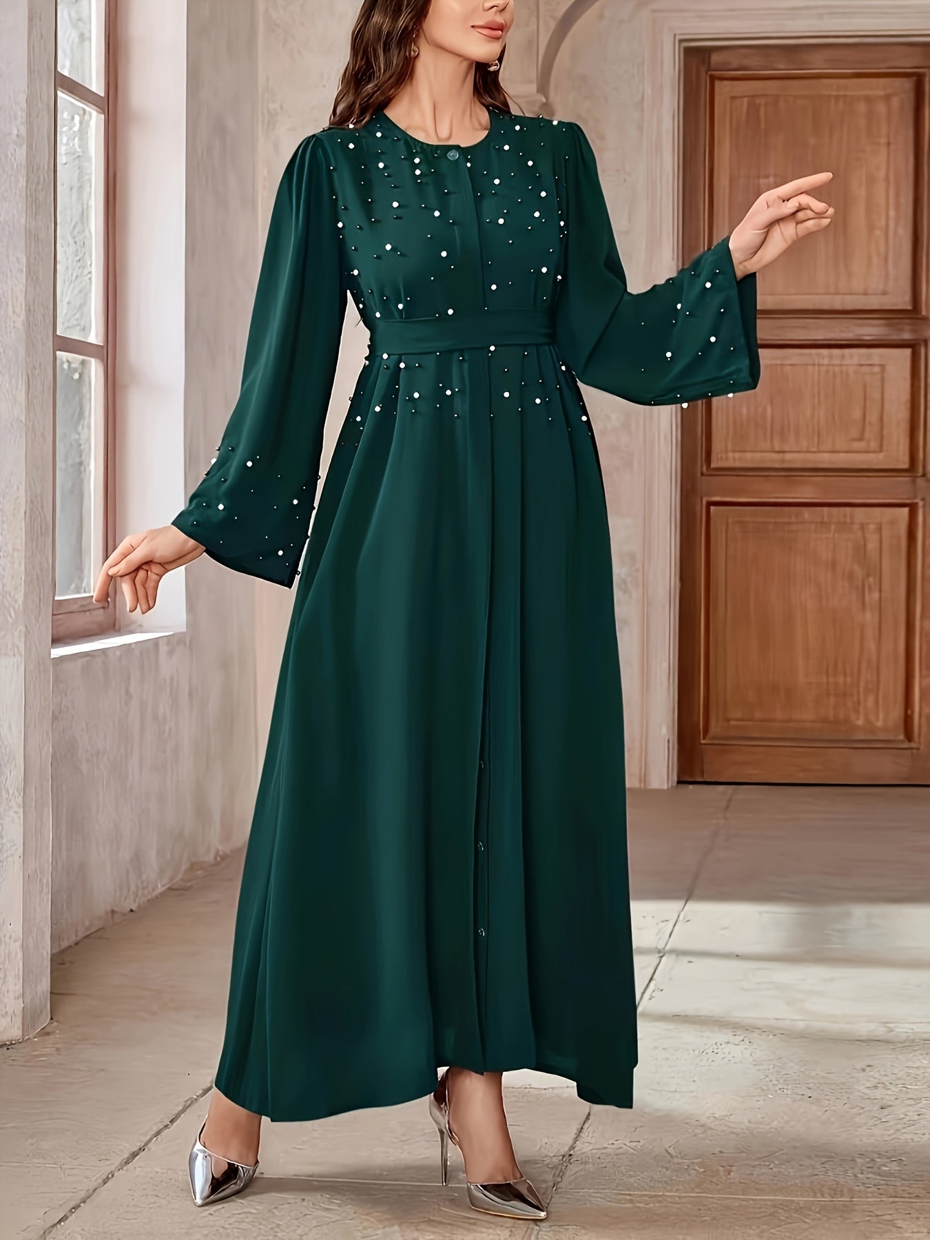 Elegant Pearl Embellished Burgundy Abaya./MH