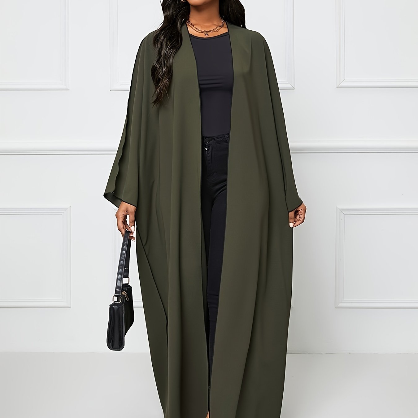 Solid Crew Neck Long Sleeve Kaftan Dress, /MH
