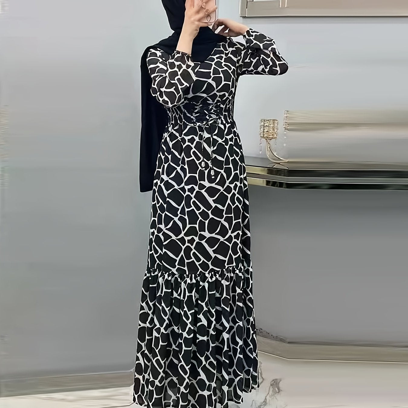 Allover Print Maxi Kaftan Dress, Casual Long Sleeve '/MH