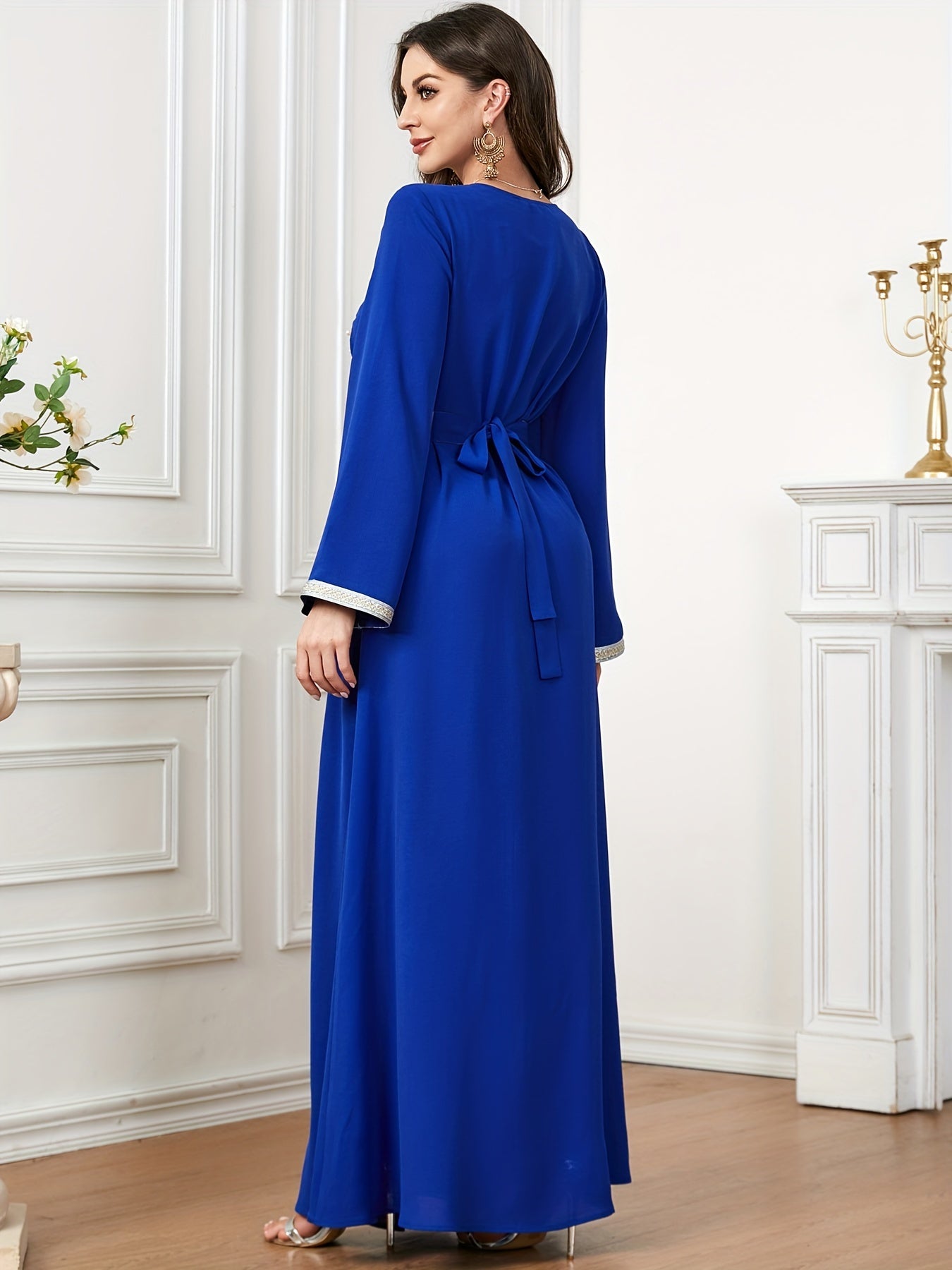 Ramadan Beaded Floral Pattern Kaftan, Elegant Long Sleeve 'MH